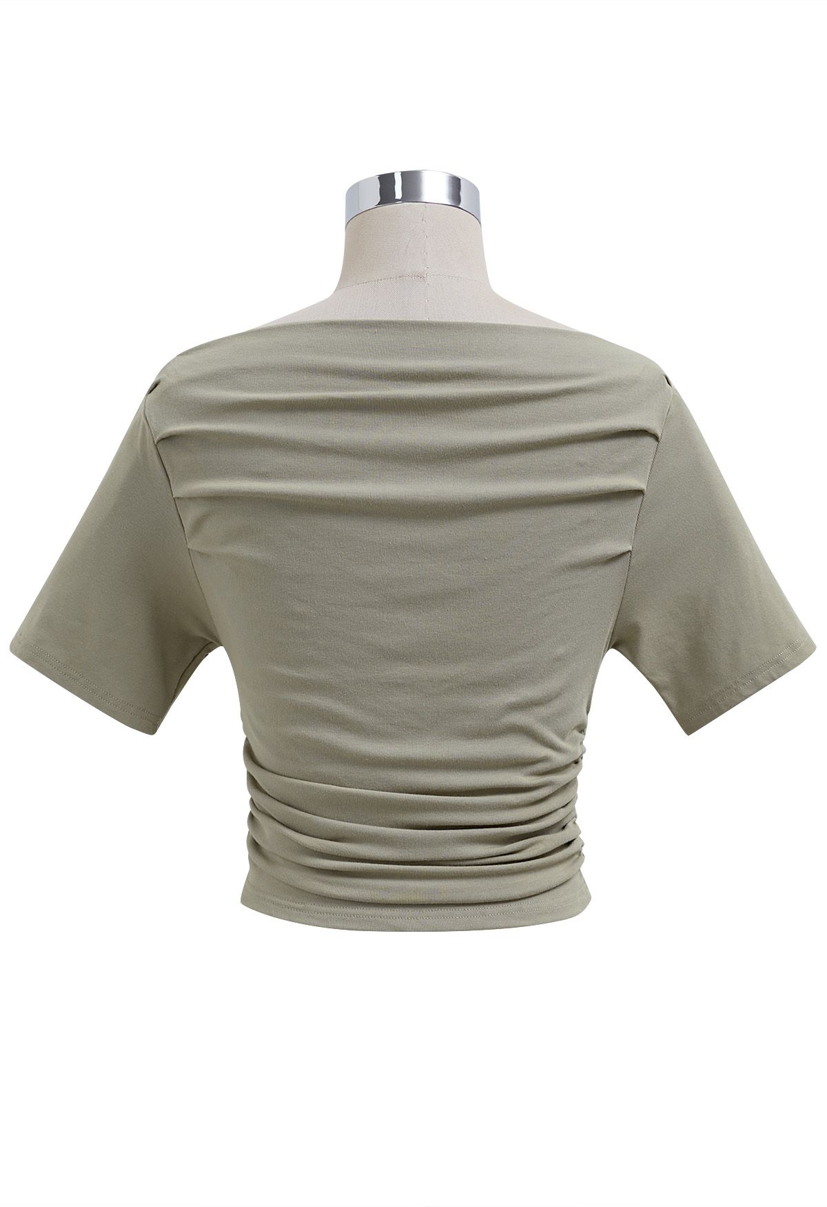 Boat Neck Short Sleeve Ruched Cotton Top in Sage