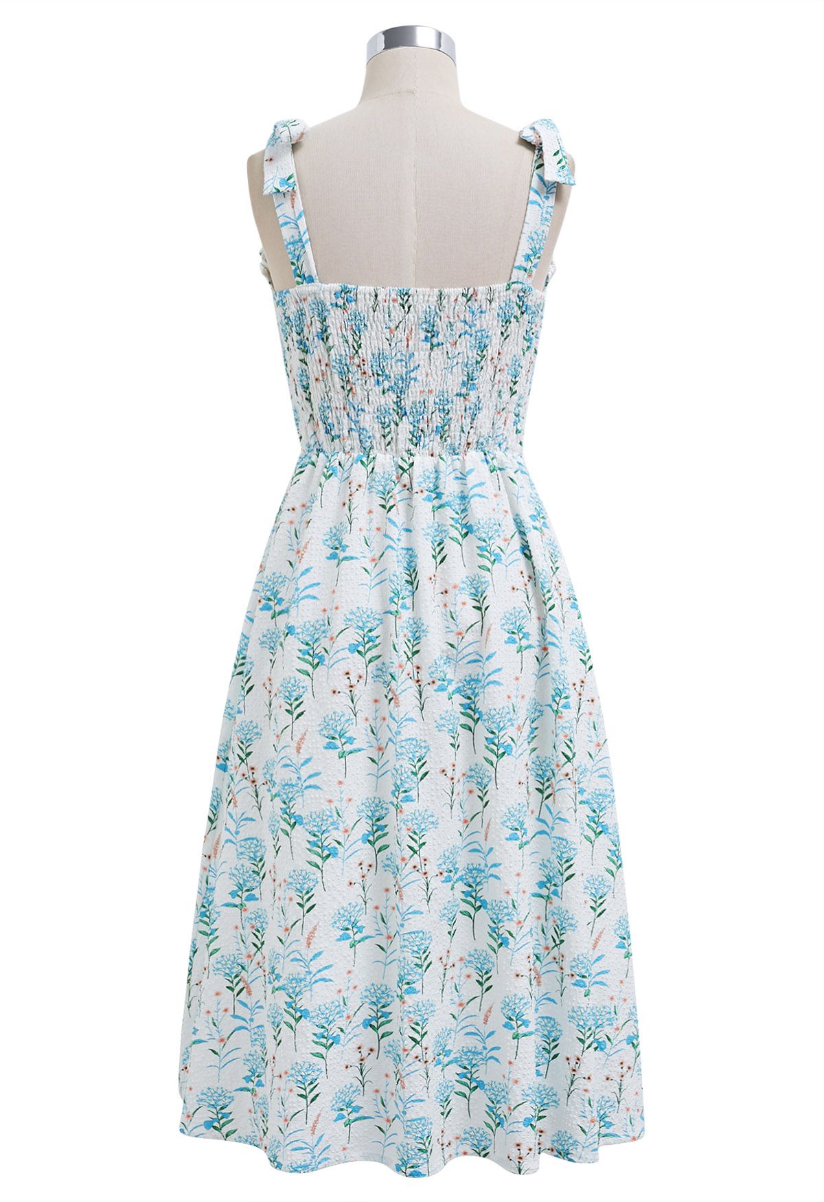 Blue Floral Printed Tie-Strap Embossed Midi Dress