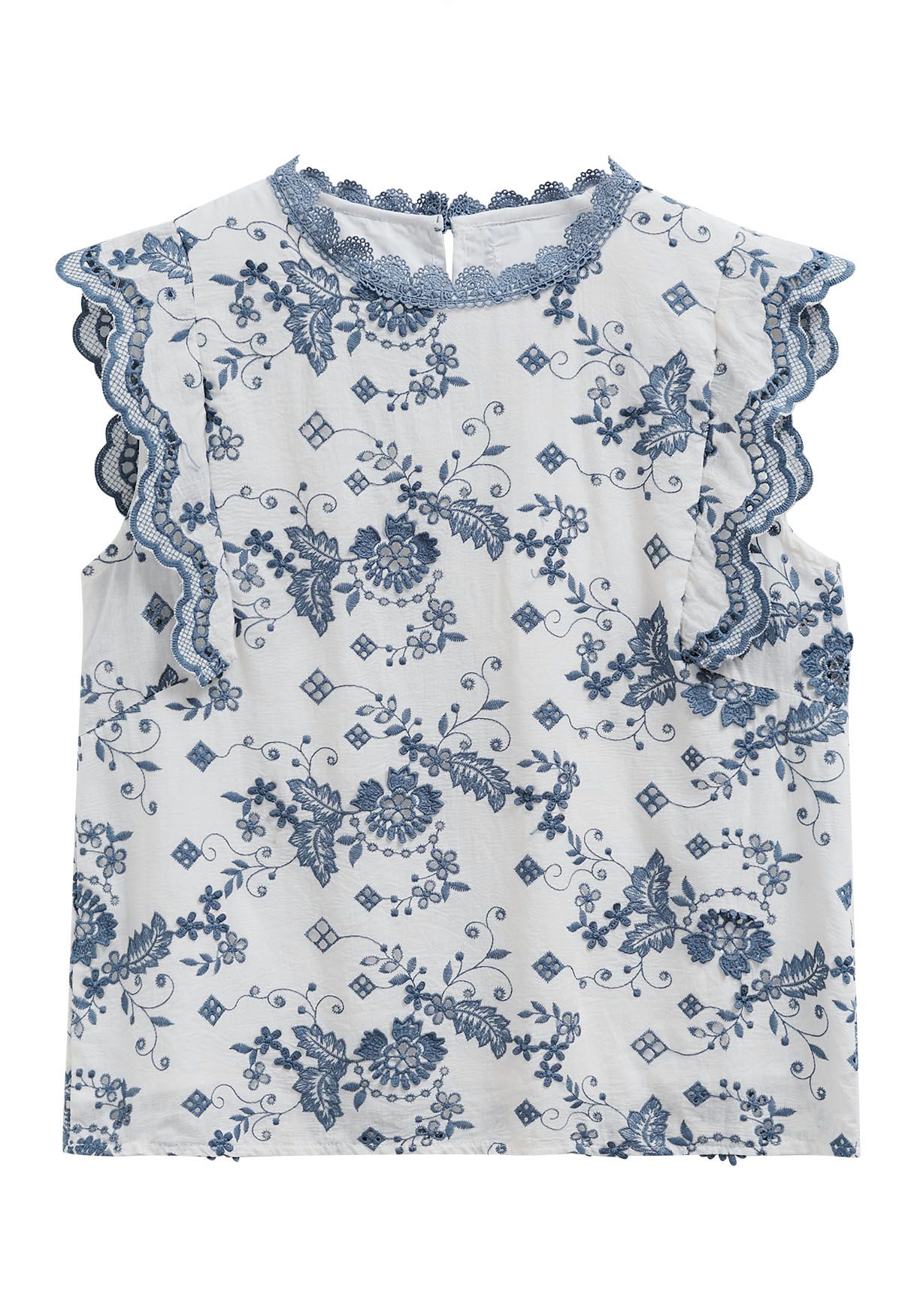 Blue Floral Embroidery Ruffle Sleeveless Cotton Top