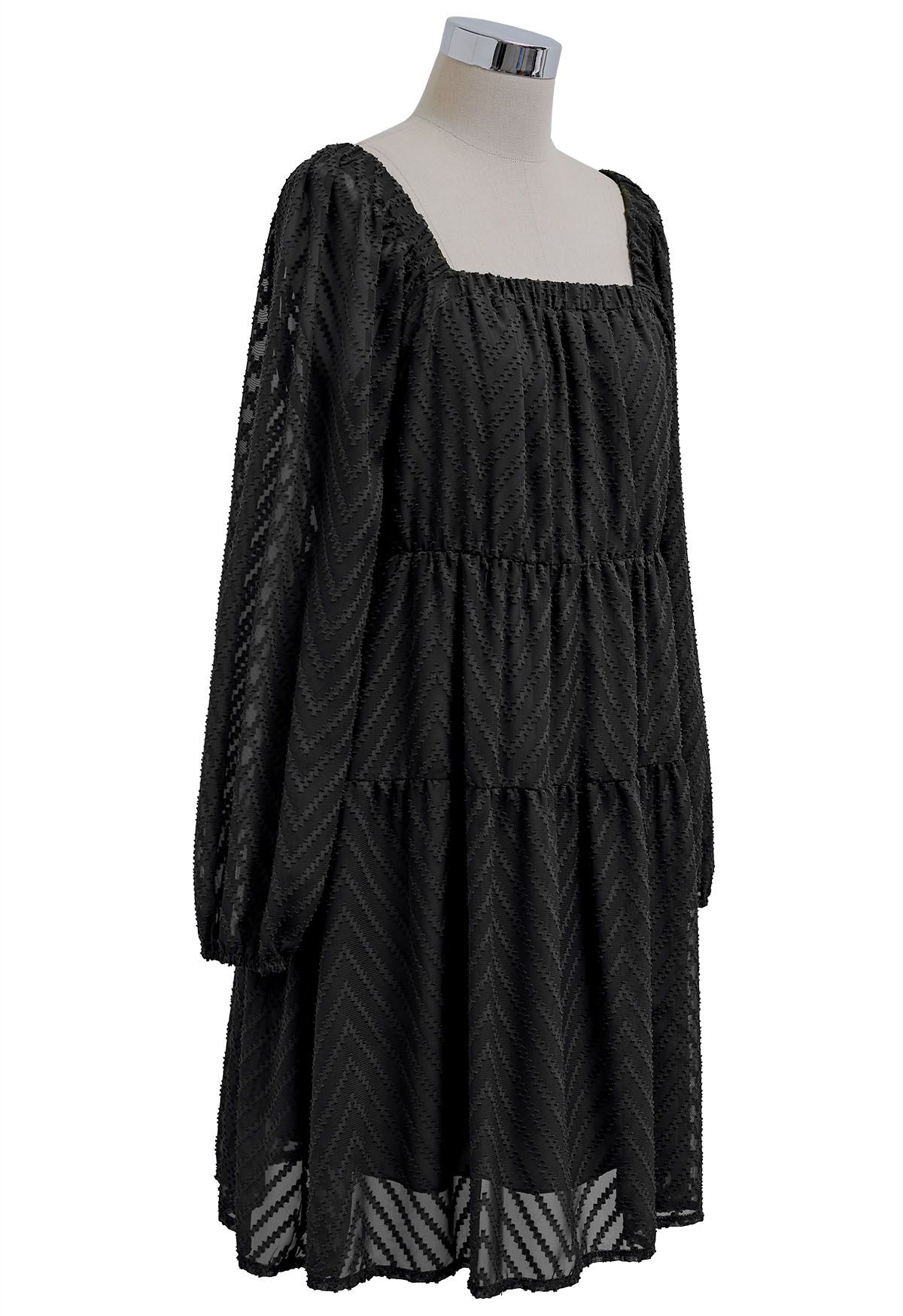 Square Neck Fringed Zigzag Mini Dress in Black