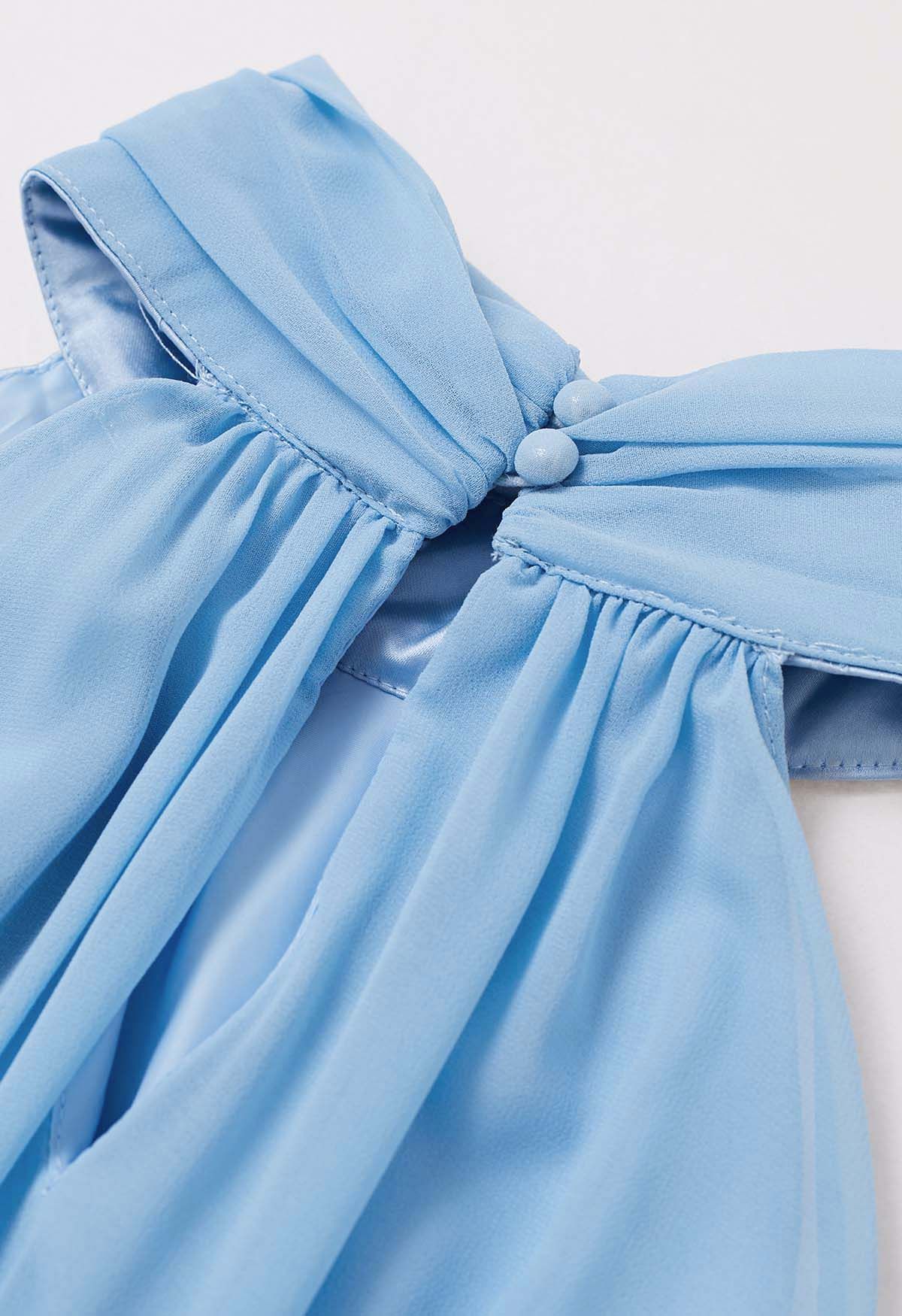 Graceful Halter Neck Chiffon Spliced Satin Dress in Blue