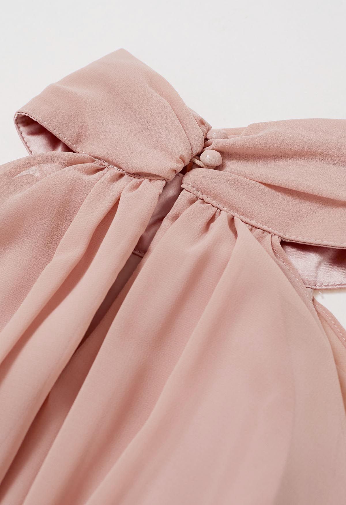 Graceful Halter Neck Chiffon Spliced Satin Dress in Pink