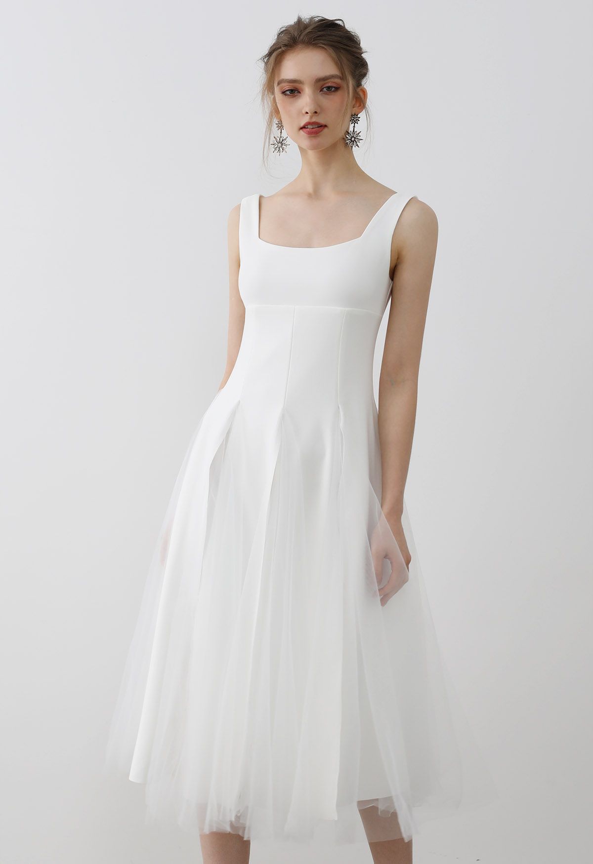 Ethereal Mesh Tulle Panelled Sleeveless Midi Dress