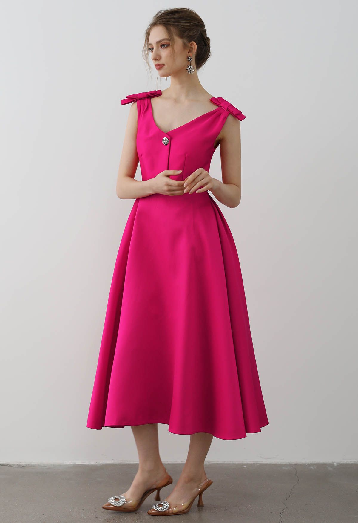 Bow Shoulder Zircon Button Midi Dress in Magenta