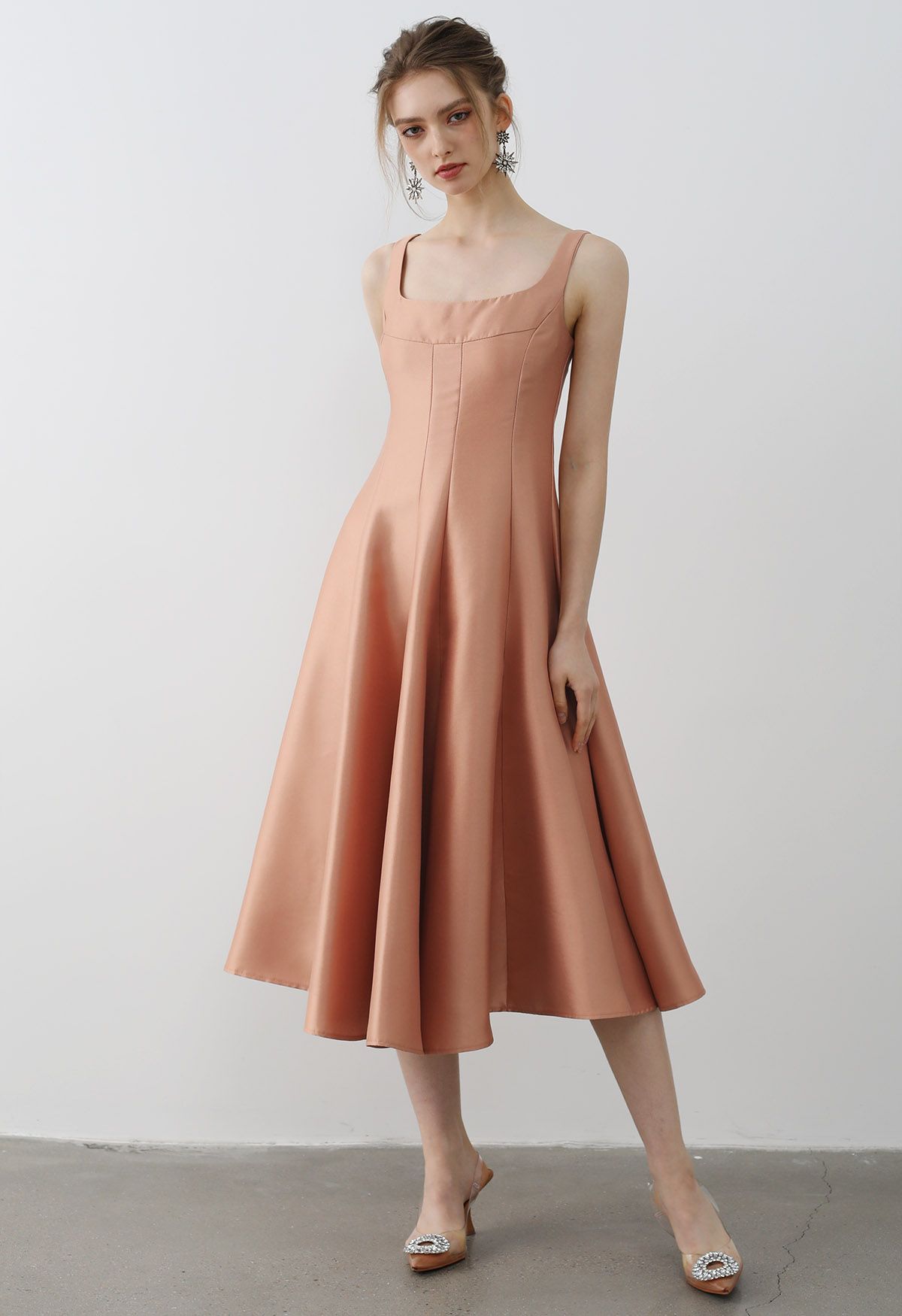 Polished Satin Flared Hem Cami Dress in Coral