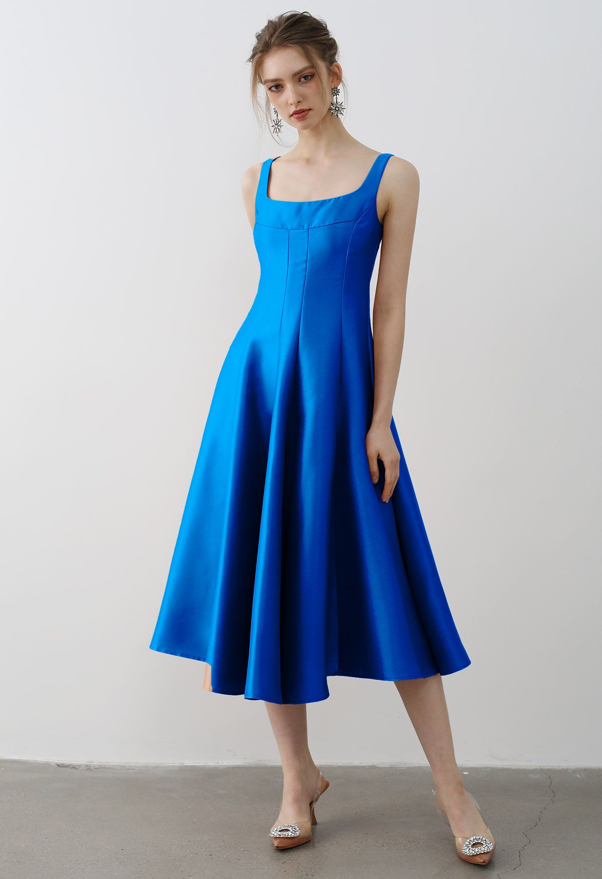 Polished Satin Flared Hem Cami Dress in Royal Blue