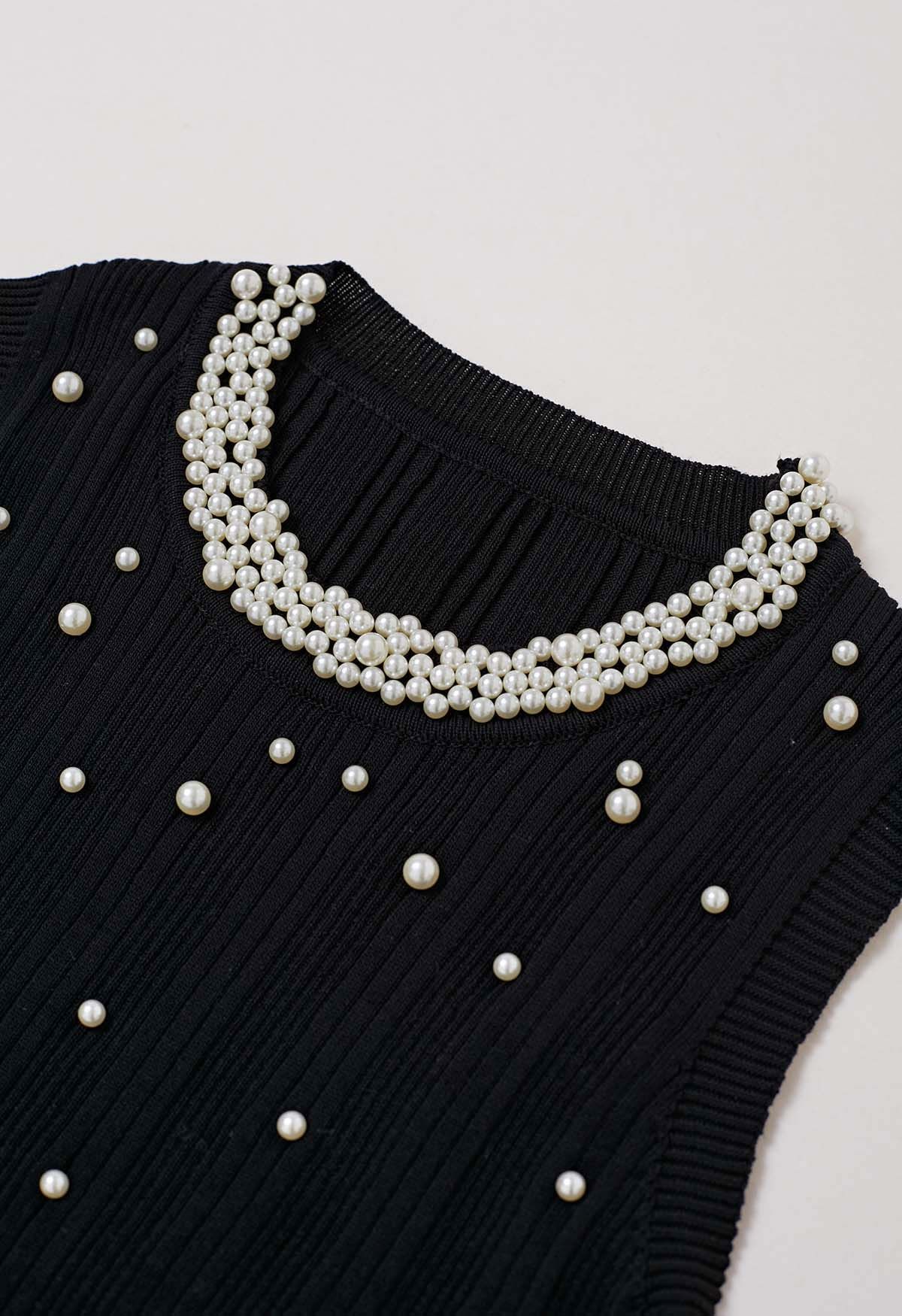 Pearl Trimmed Sleeveless Knit Top in Black