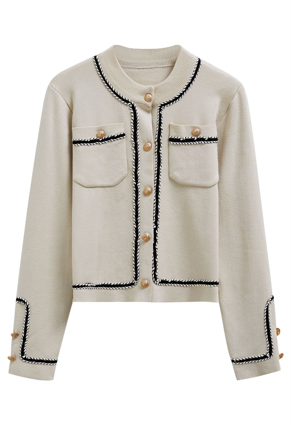 Contrast Braid Buttoned Knit Cardigan in Oatmeal