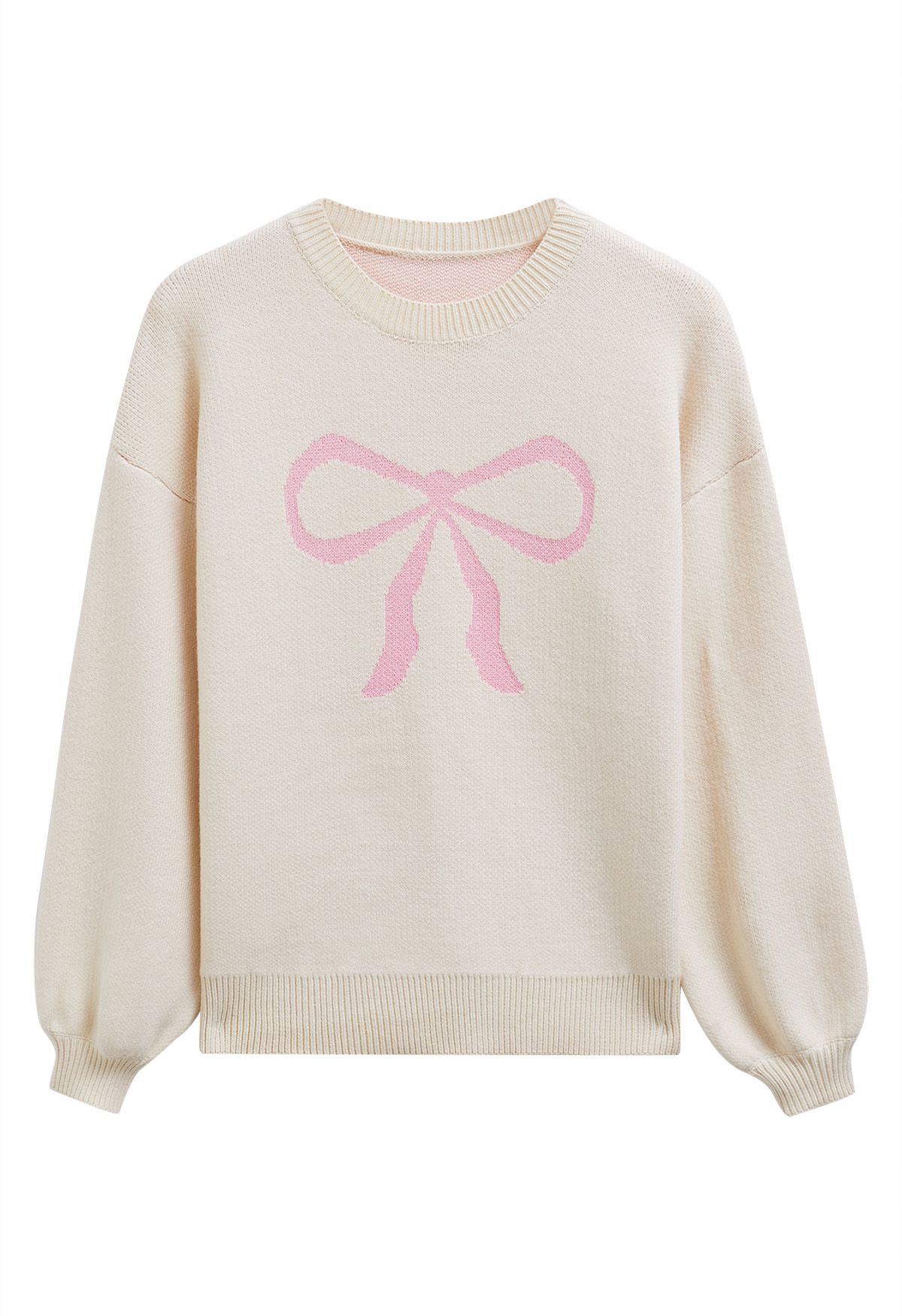 Ribbon Bowknot Pattern Jacquard Knit Sweater in Cream