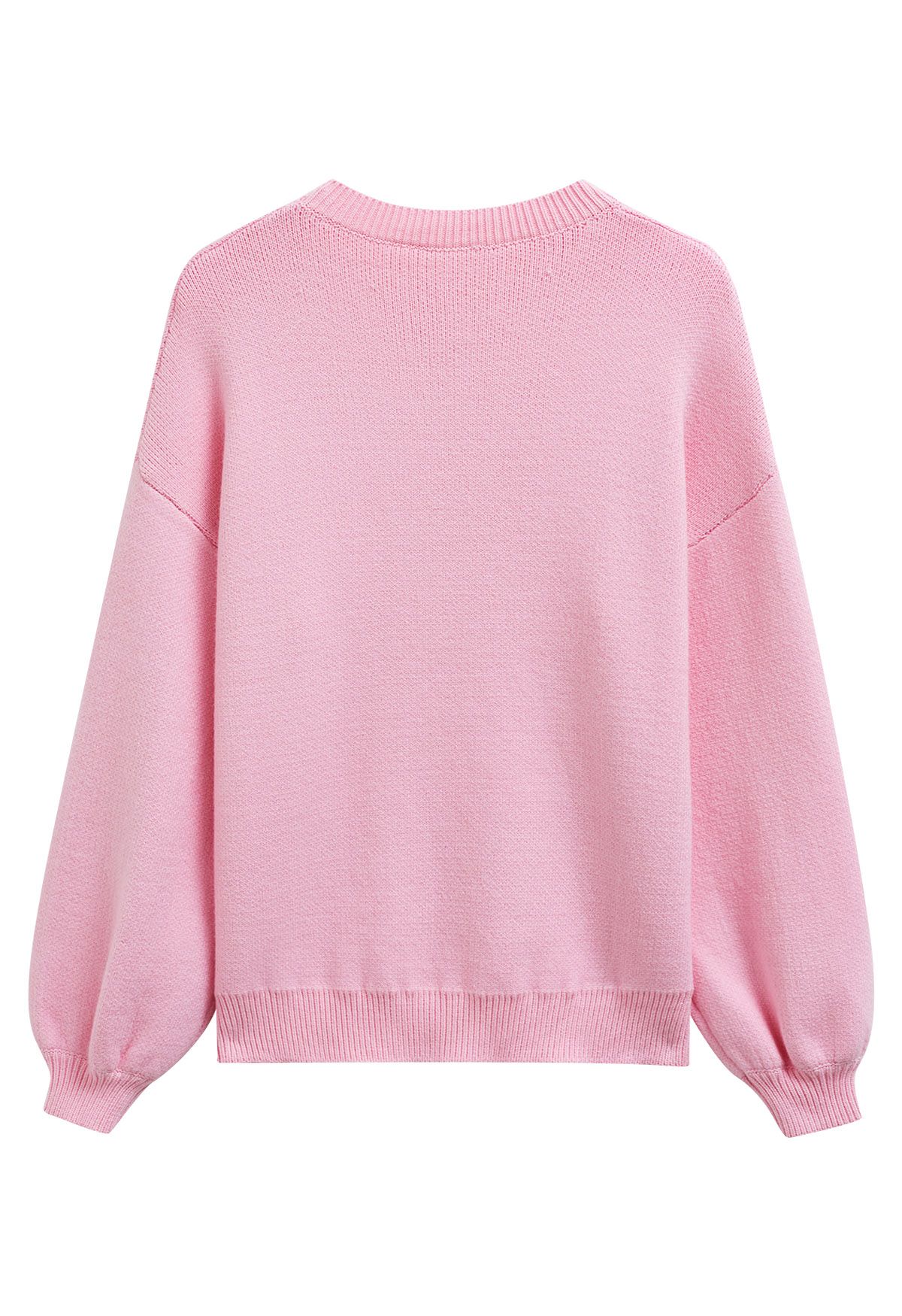 Ribbon Bowknot Pattern Jacquard Knit Sweater in Pink