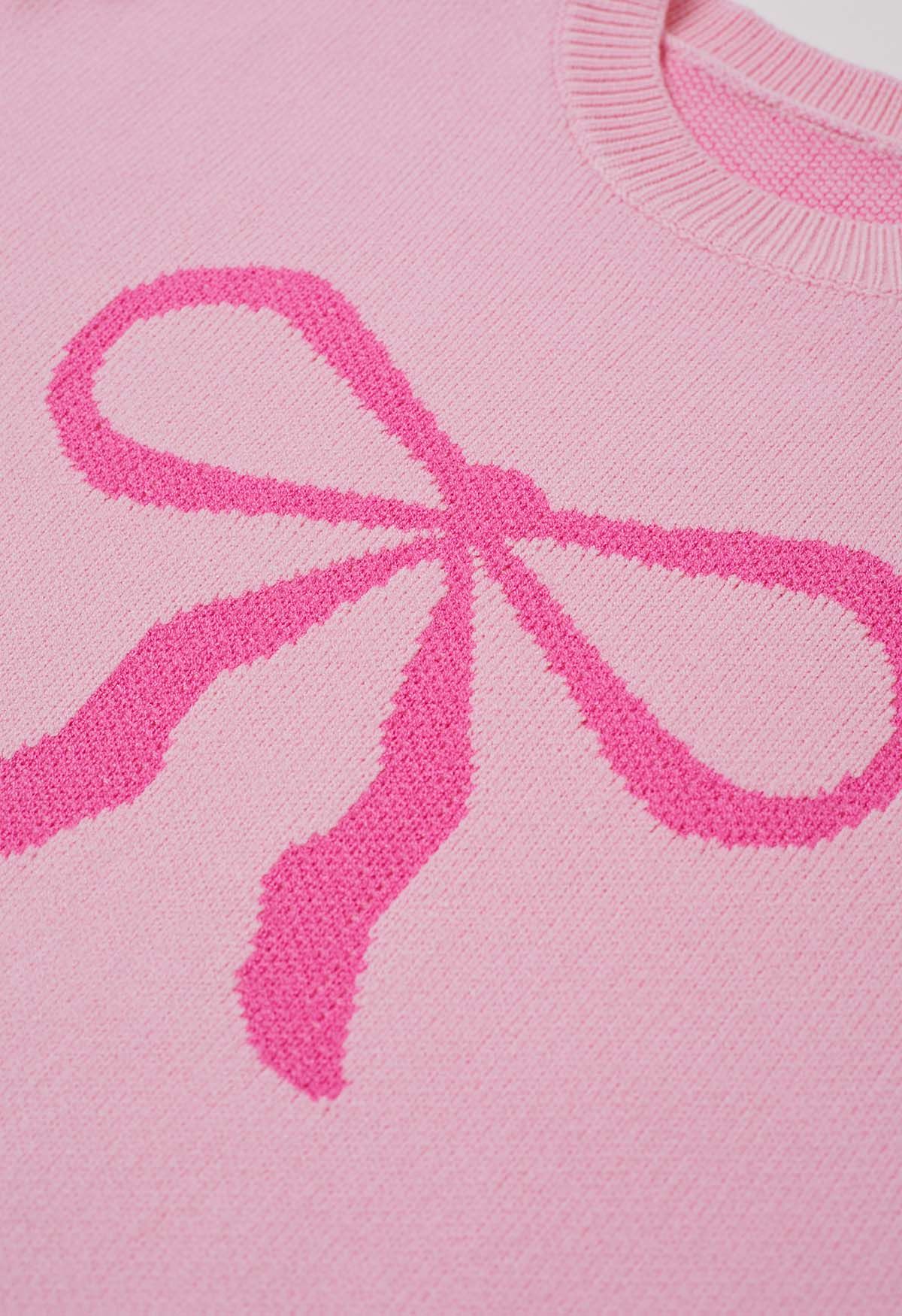 Ribbon Bowknot Pattern Jacquard Knit Sweater in Pink