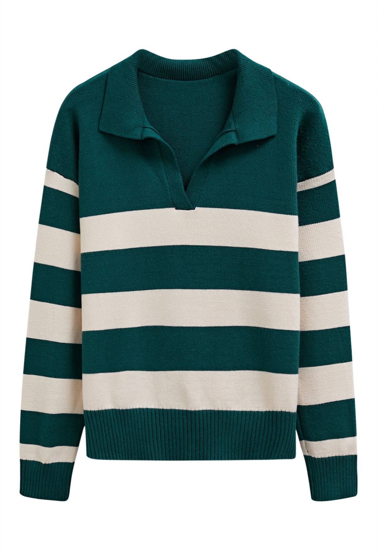 Contrast Stripe Collared V-Neck Knit Sweater in Emerald