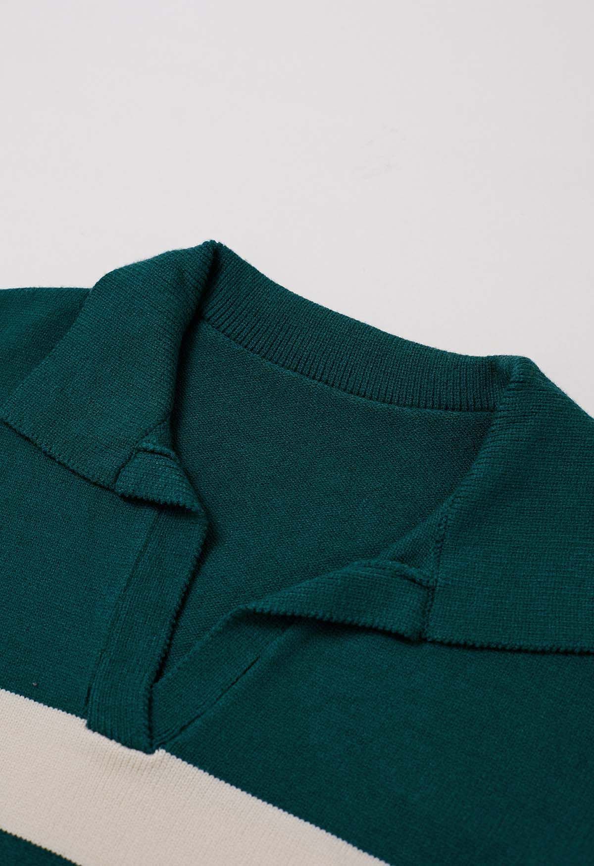 Contrast Stripe Collared V-Neck Knit Sweater in Emerald