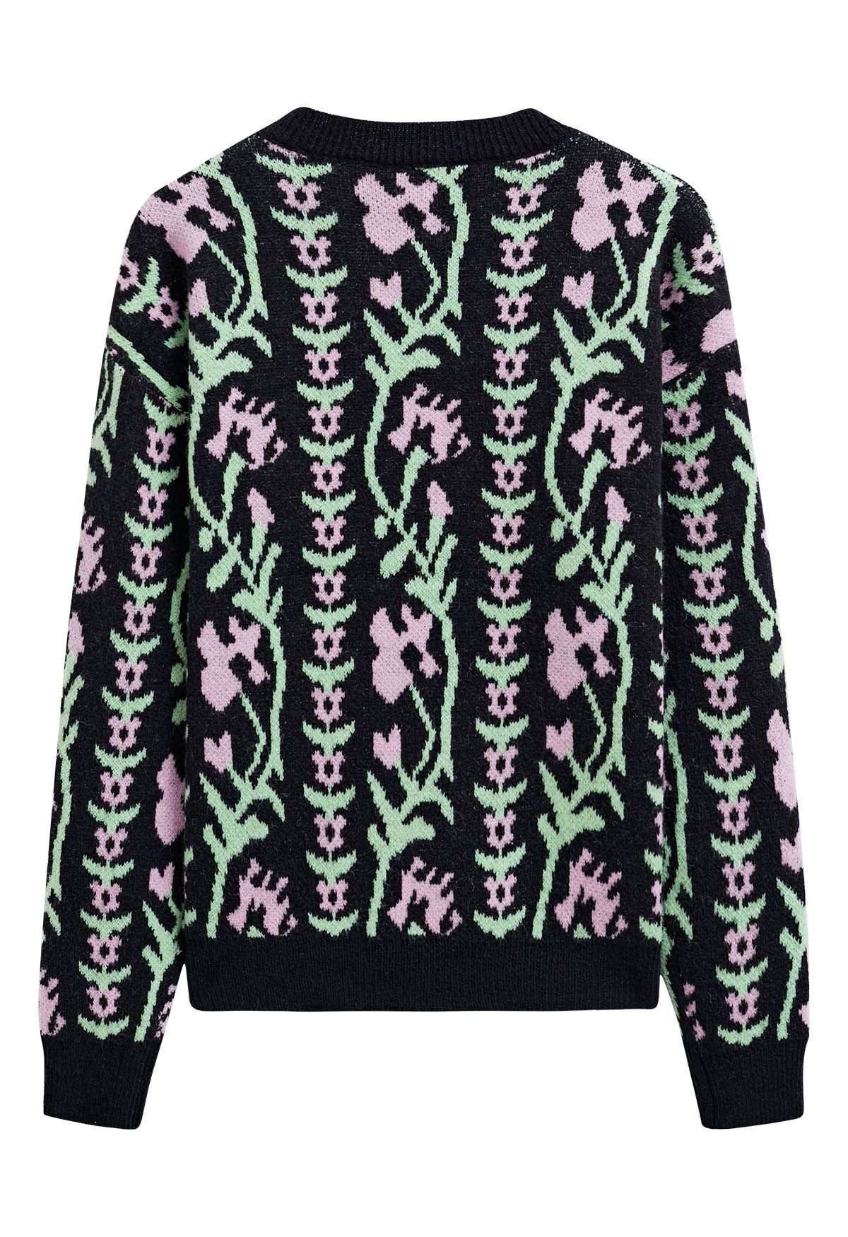 Floral Branch Jacquard Knit Sweater in Black