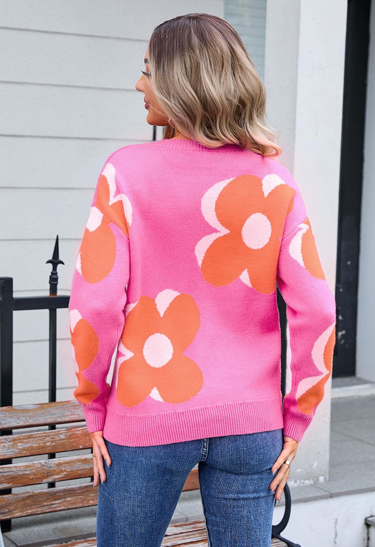 Flowering Day Jacquard Knit Sweater in Hot Pink