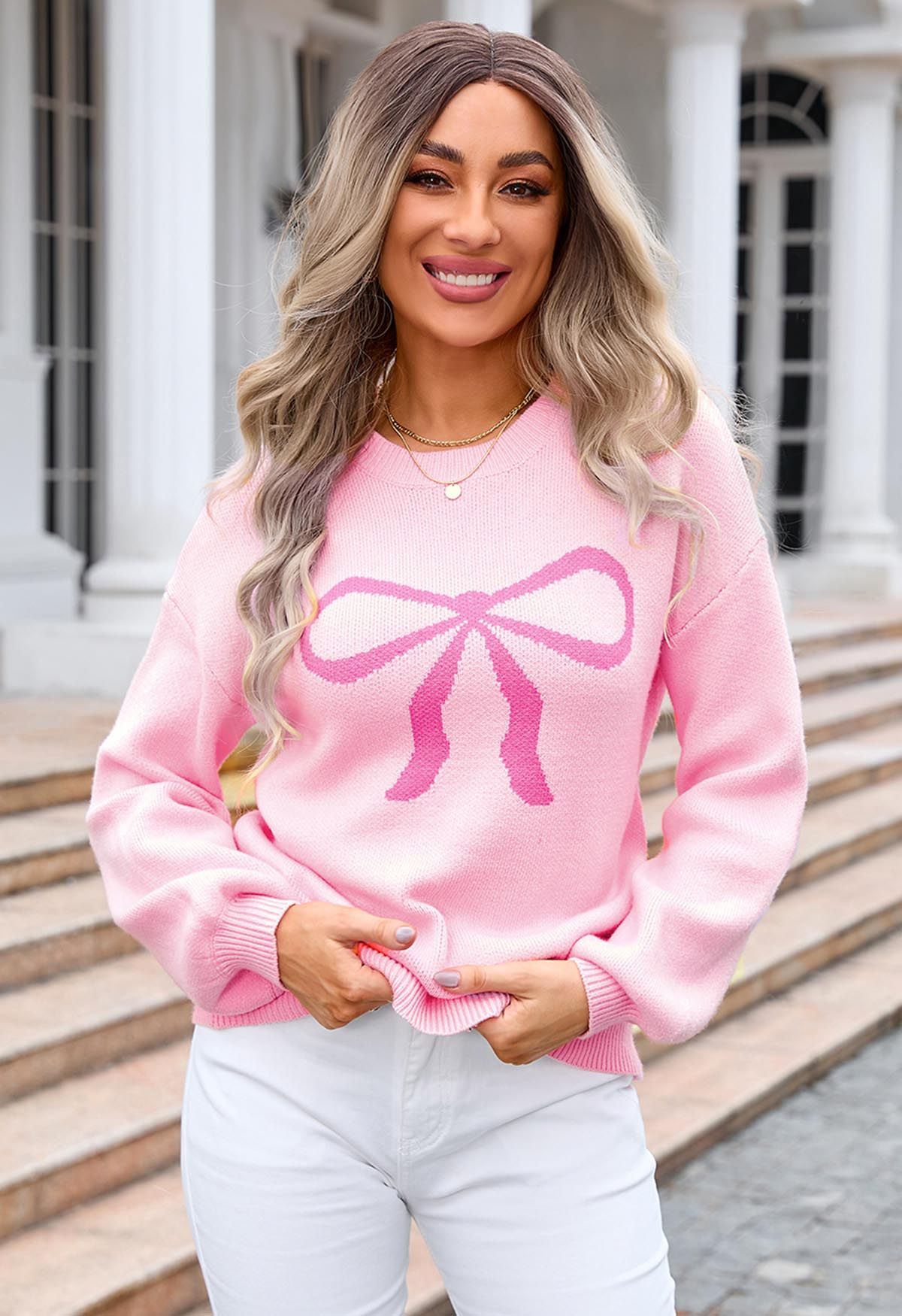 Ribbon Bowknot Pattern Jacquard Knit Sweater in Pink