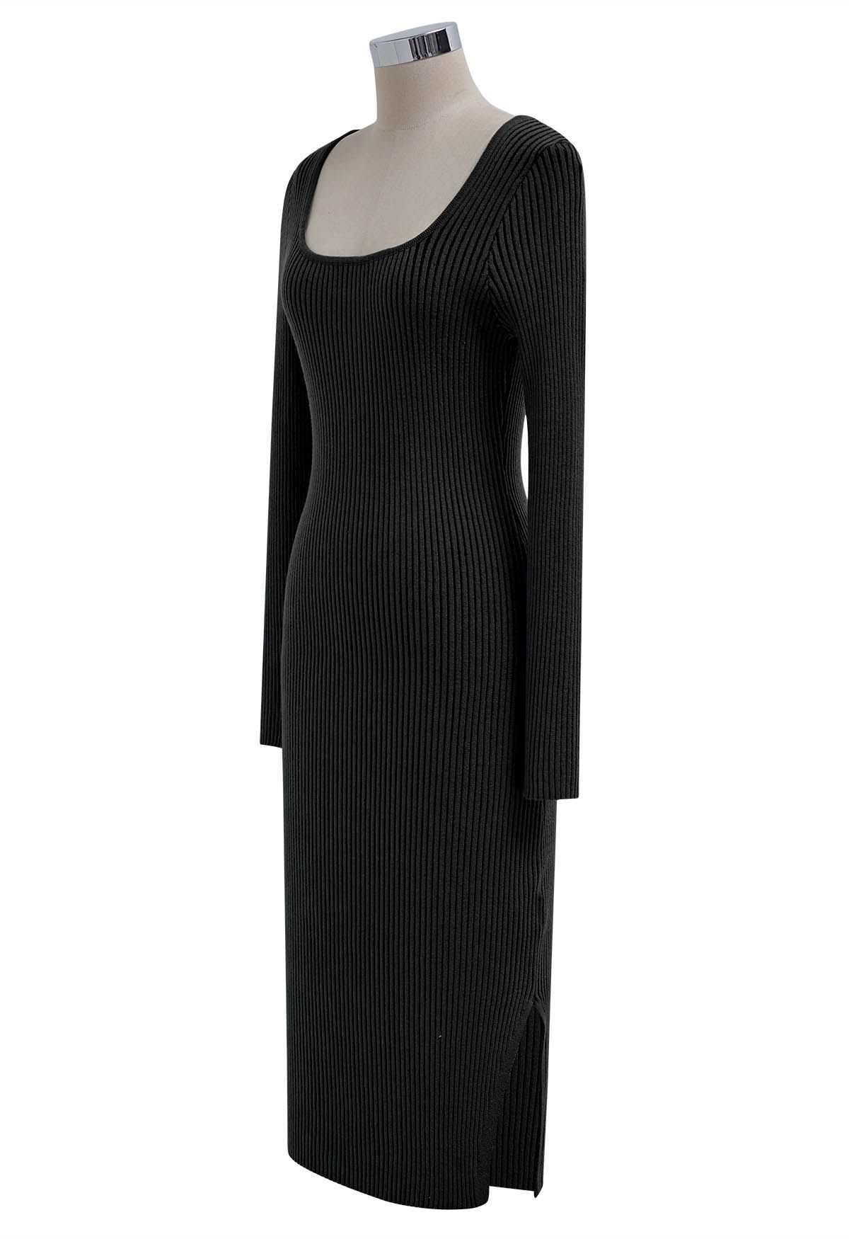 Square Neck Split Hem Knit Dress in Black