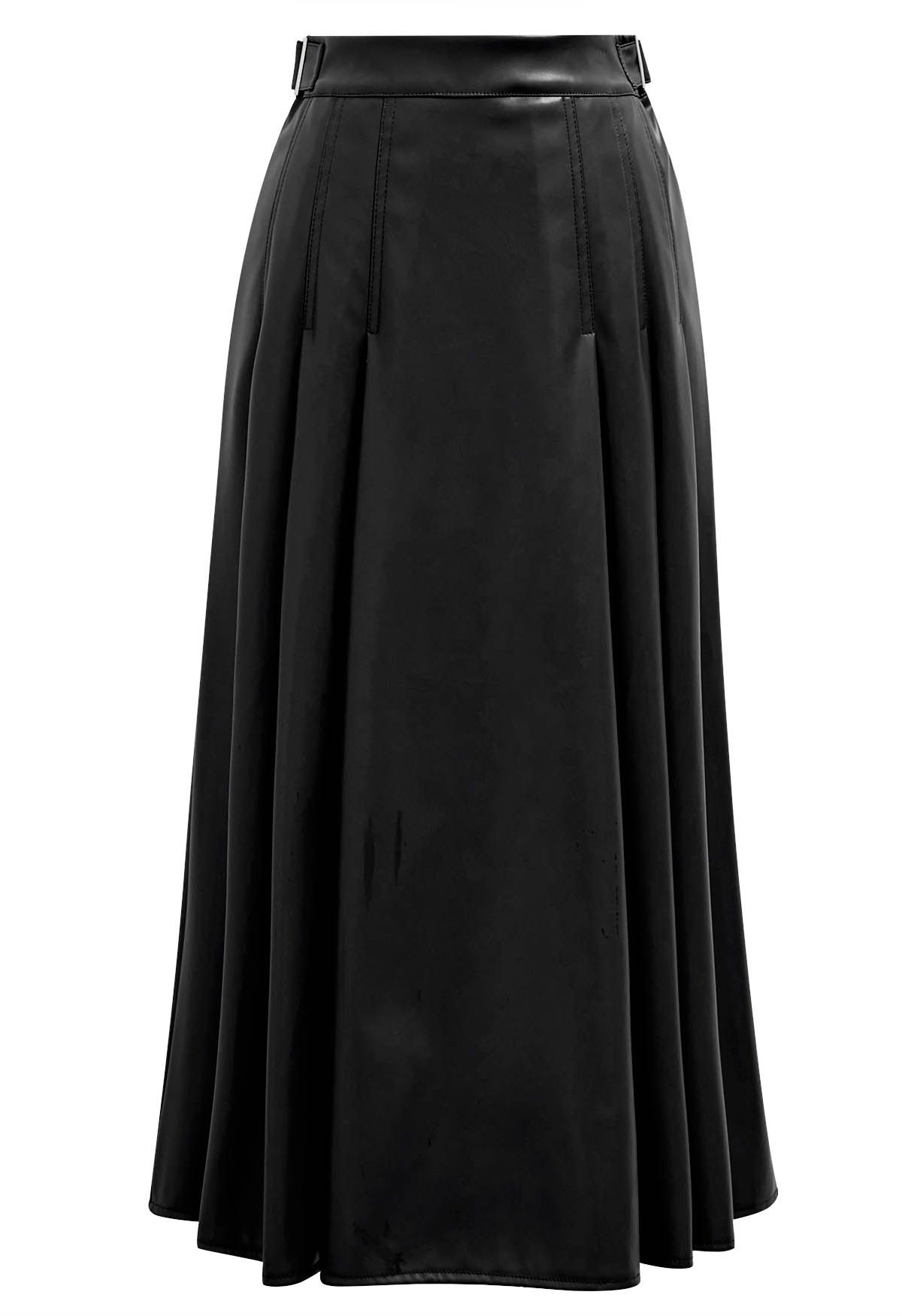 Side Belt Faux Leather Pleated Midi Skirt in Black