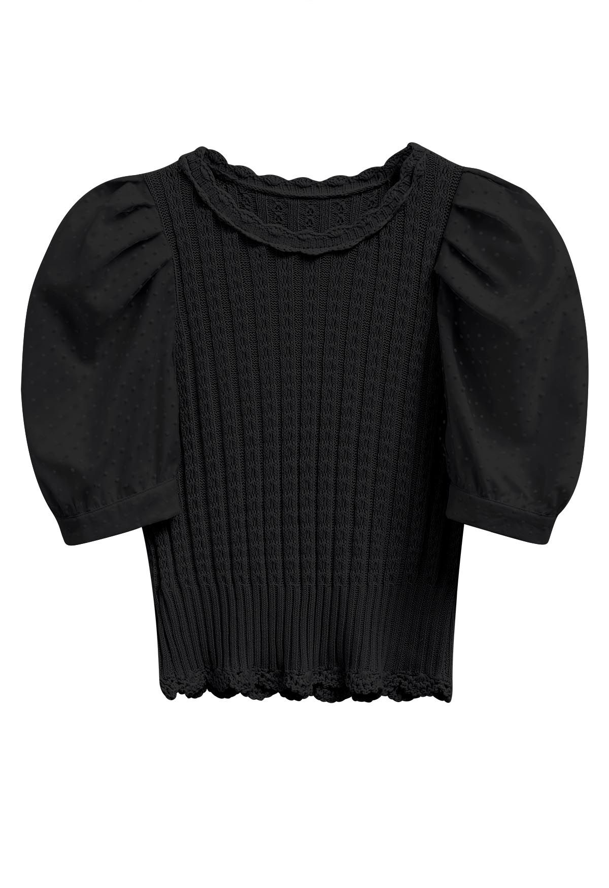 Flock Dot Mesh Sleeve Spliced Knit Top in Black