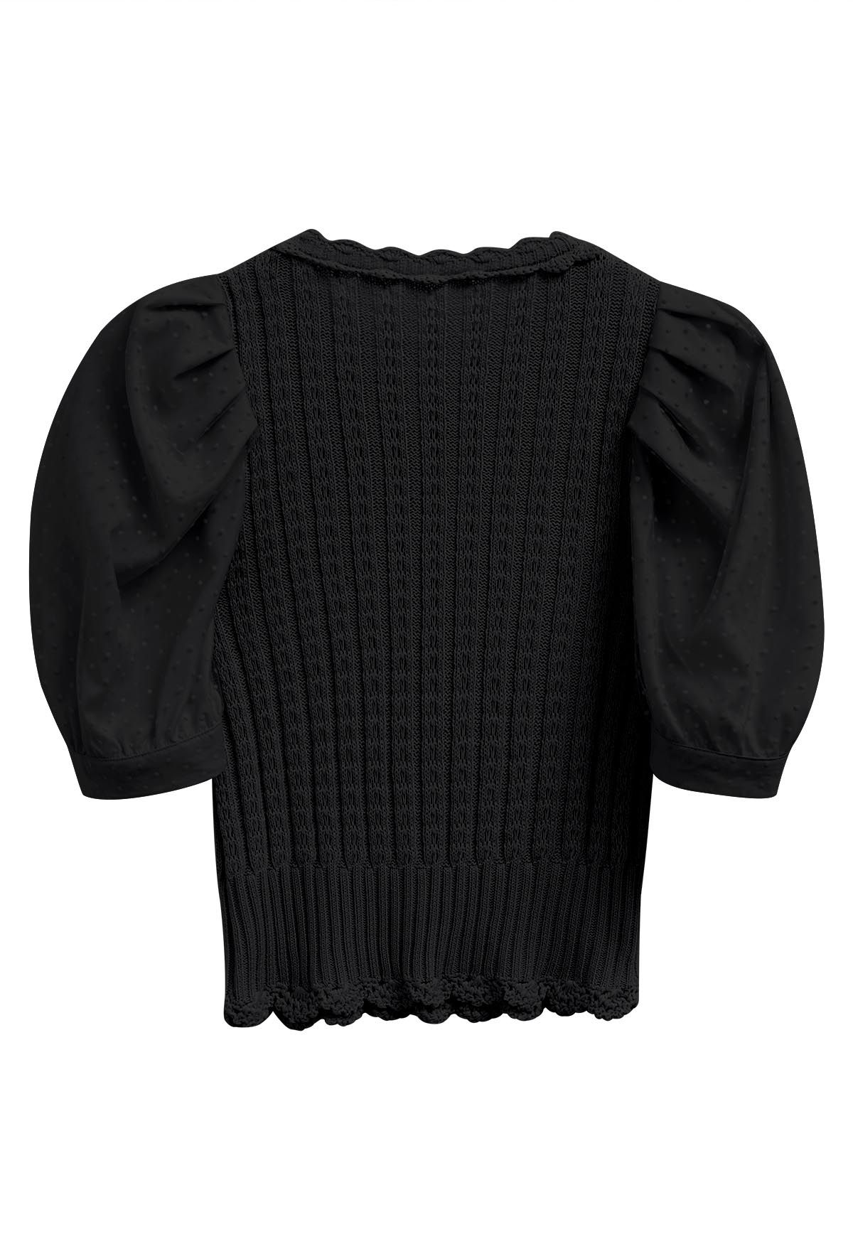 Flock Dot Mesh Sleeve Spliced Knit Top in Black