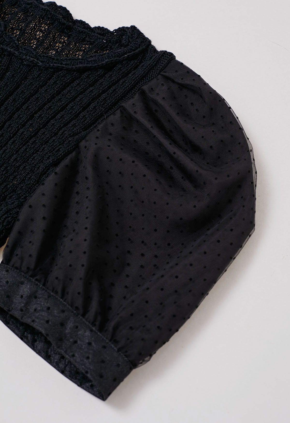 Flock Dot Mesh Sleeve Spliced Knit Top in Black