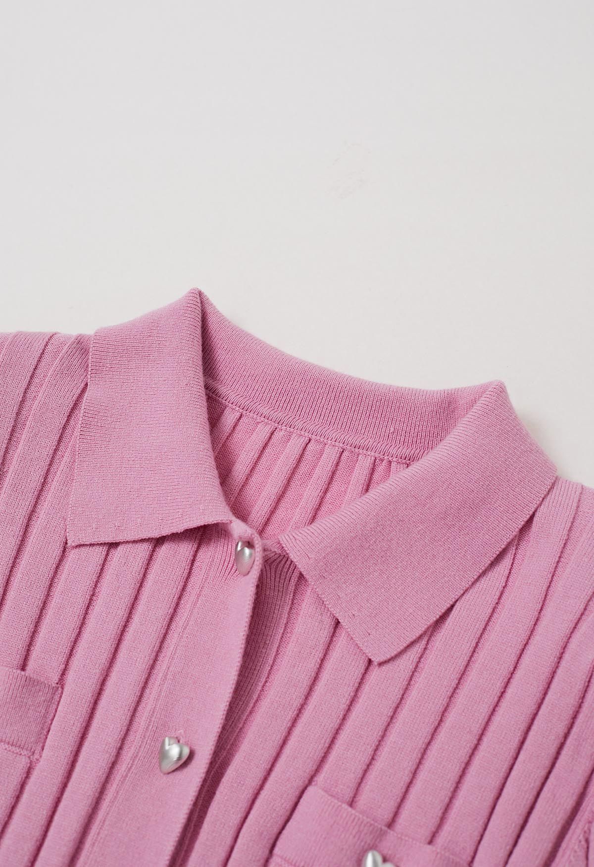 Heart-Shape Button Down Collar Knit Top in Pink