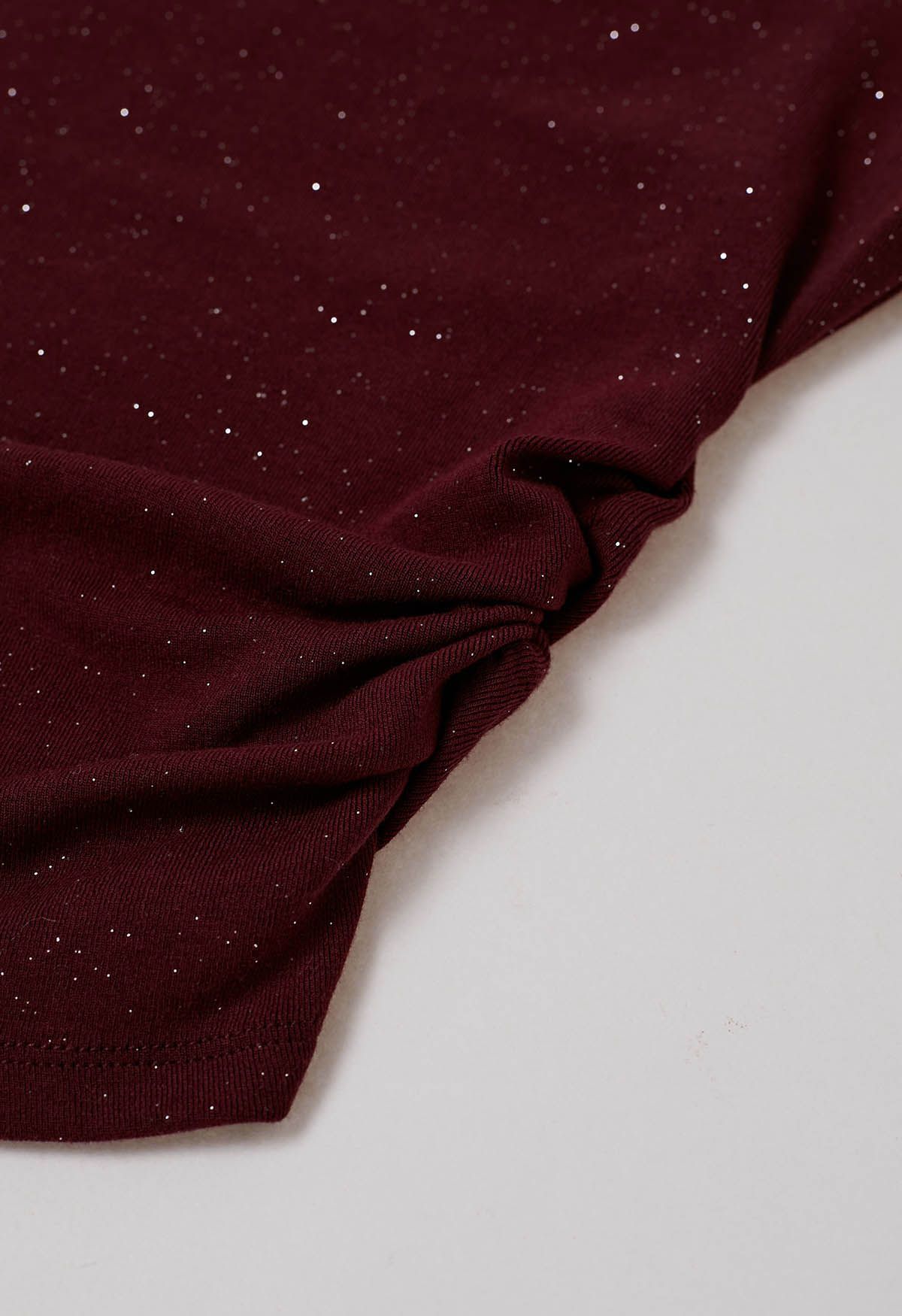 Shimmering Ruched Waist Cap Sleeves Top in Burgundy