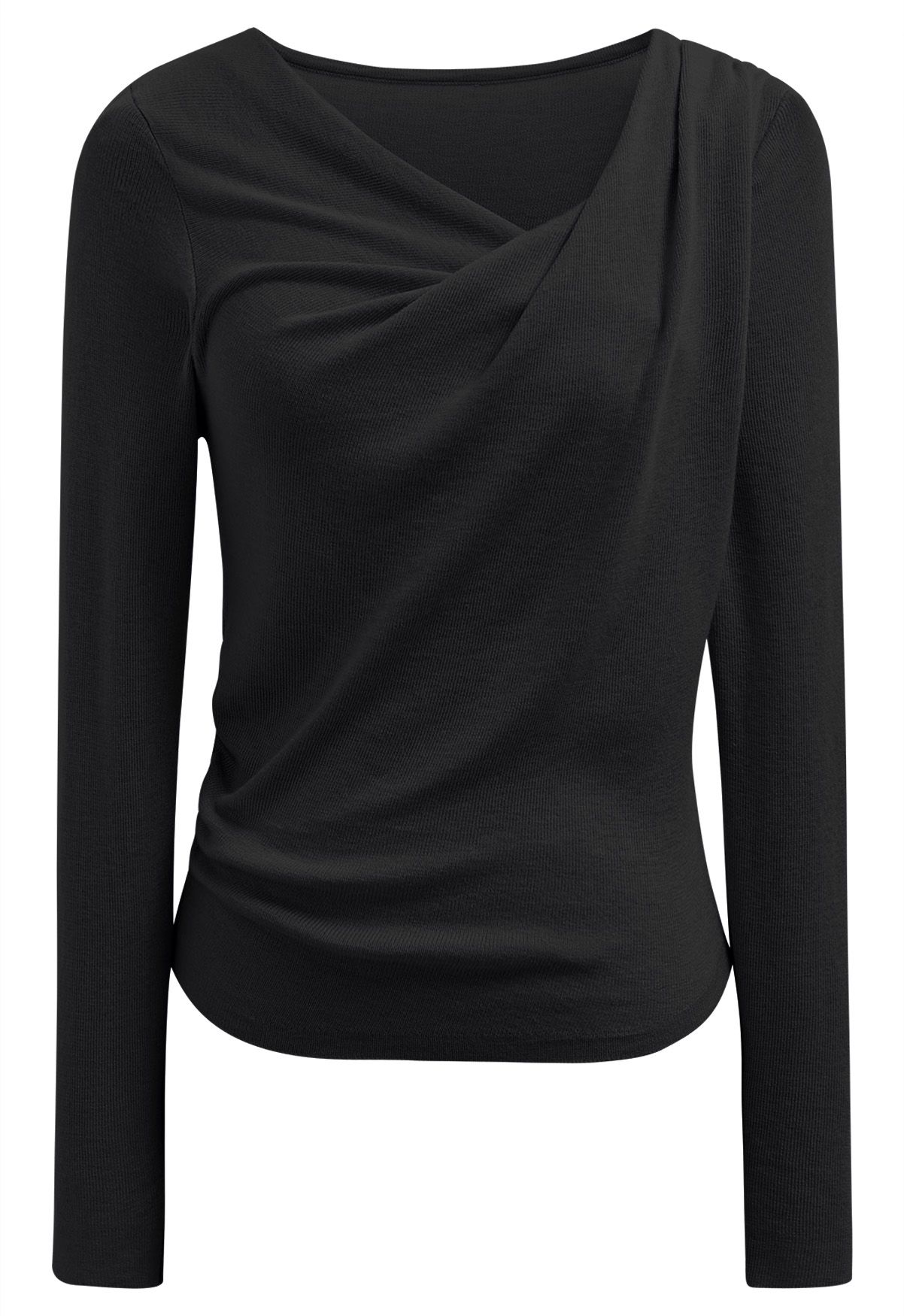 Gentle Crossover Long-Sleeve Knit Top in Black