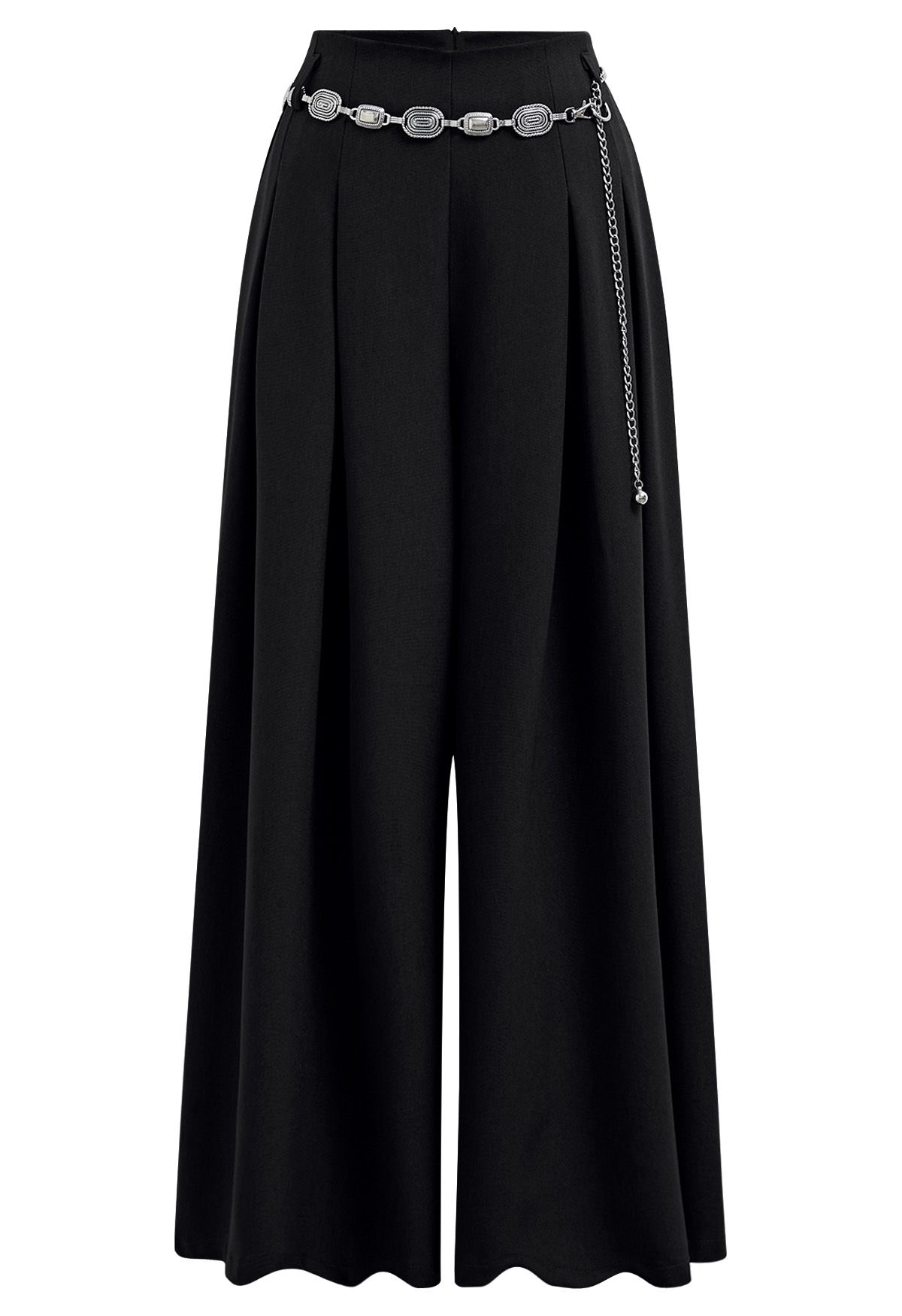 Chain-Embellished Pleated Palazzo Pants in Black