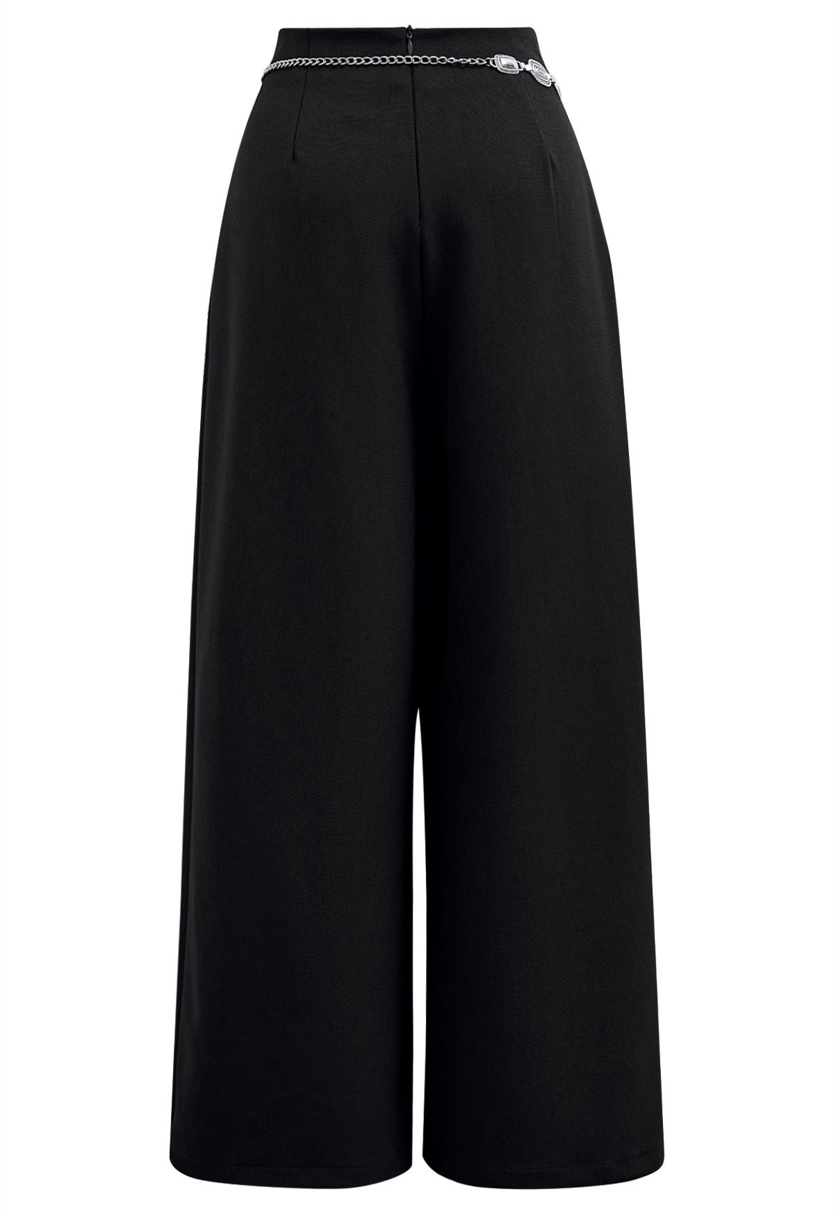 Chain-Embellished Pleated Palazzo Pants in Black