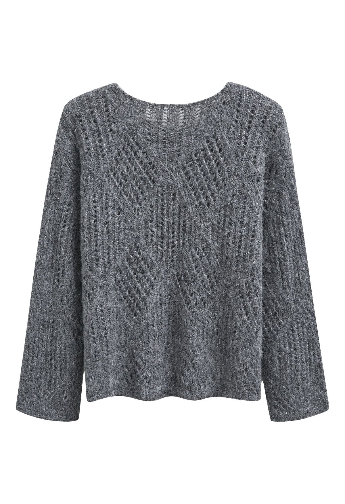 Diamond Pattern Hollow Fuzzy Knit Sweater in Smoke