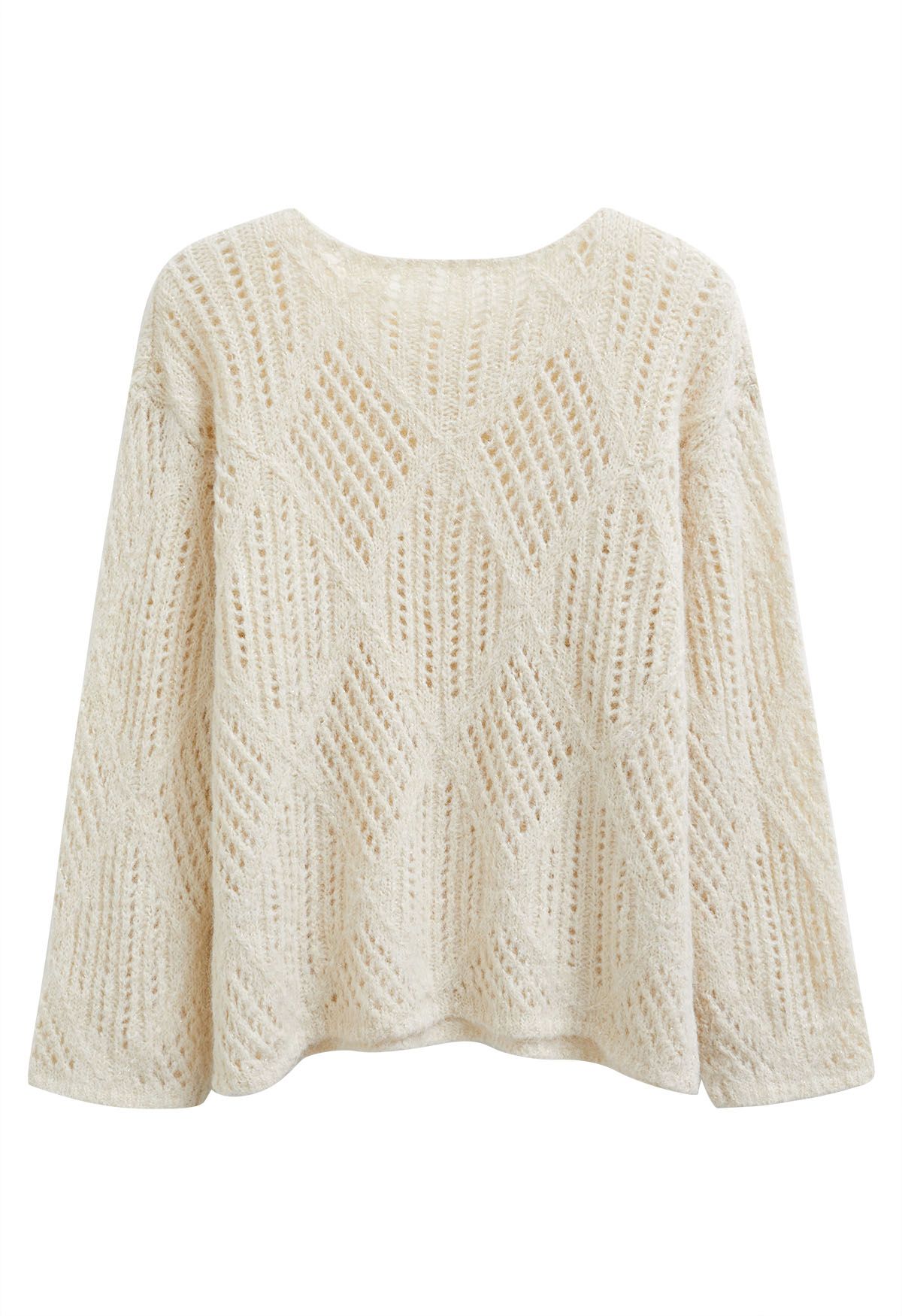 Diamond Pattern Hollow Fuzzy Knit Sweater in Cream