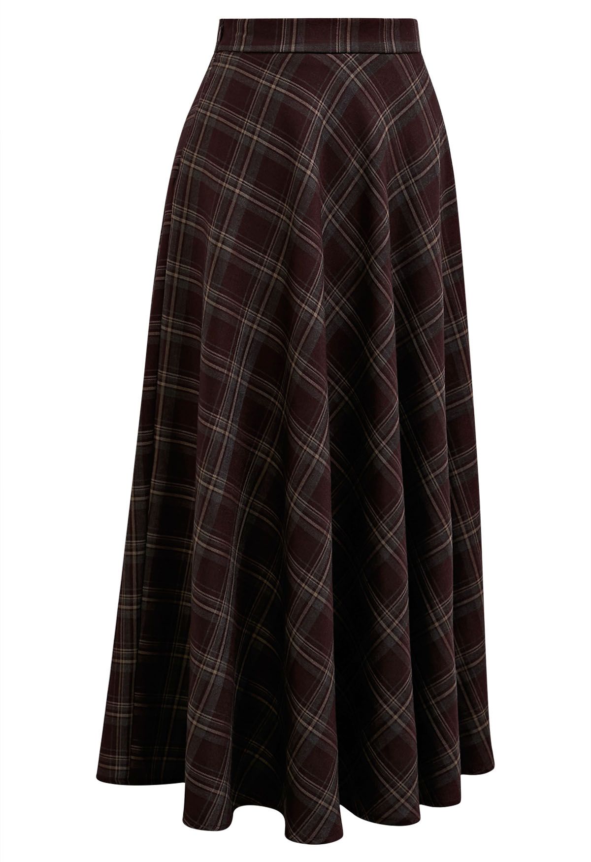 Plaid Charm Flare Midi Skirt in Burgundy