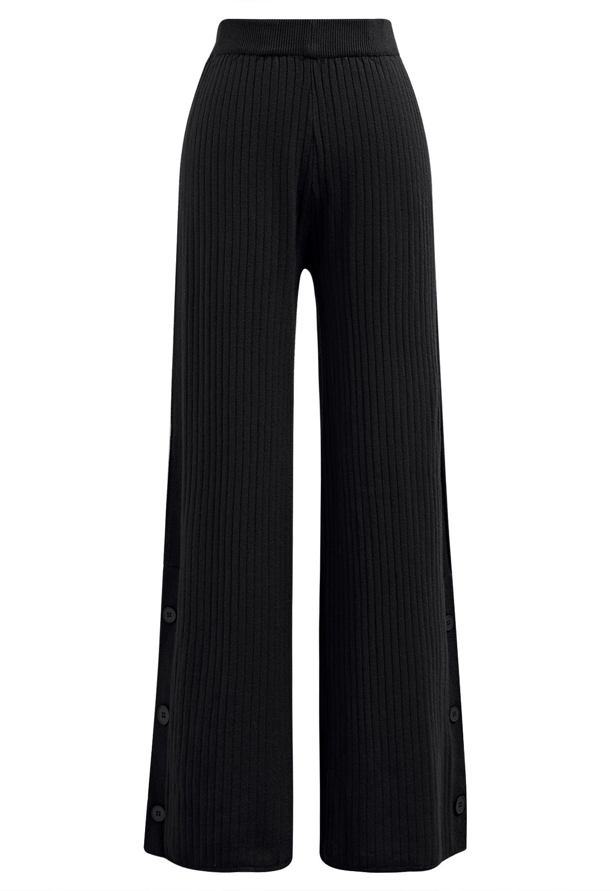 Buttoned Hem Ribbed Knit Pants in Black