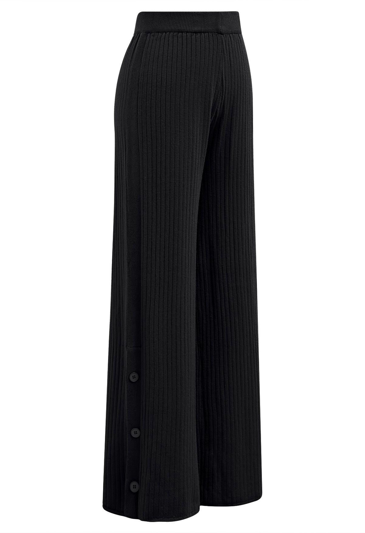 Buttoned Hem Ribbed Knit Pants in Black