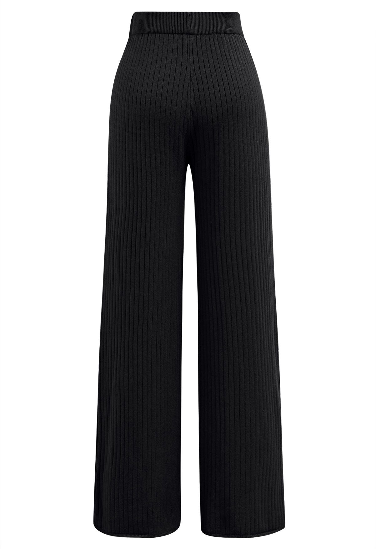 Buttoned Hem Ribbed Knit Pants in Black