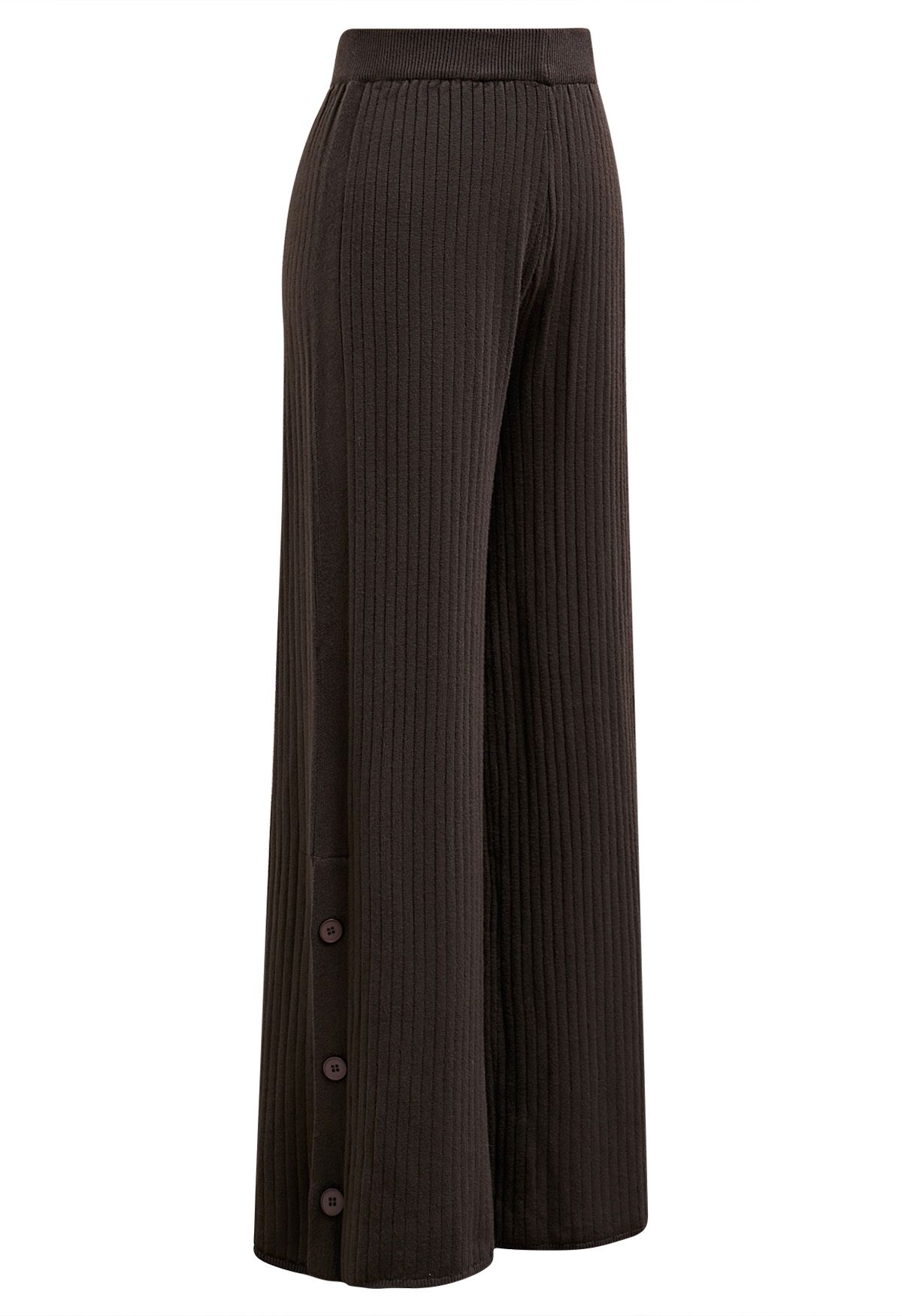 Buttoned Hem Ribbed Knit Pants in Brown