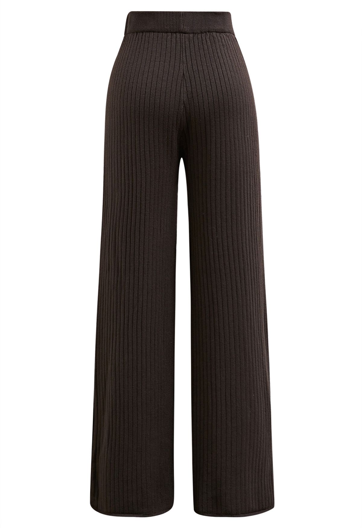 Buttoned Hem Ribbed Knit Pants in Brown