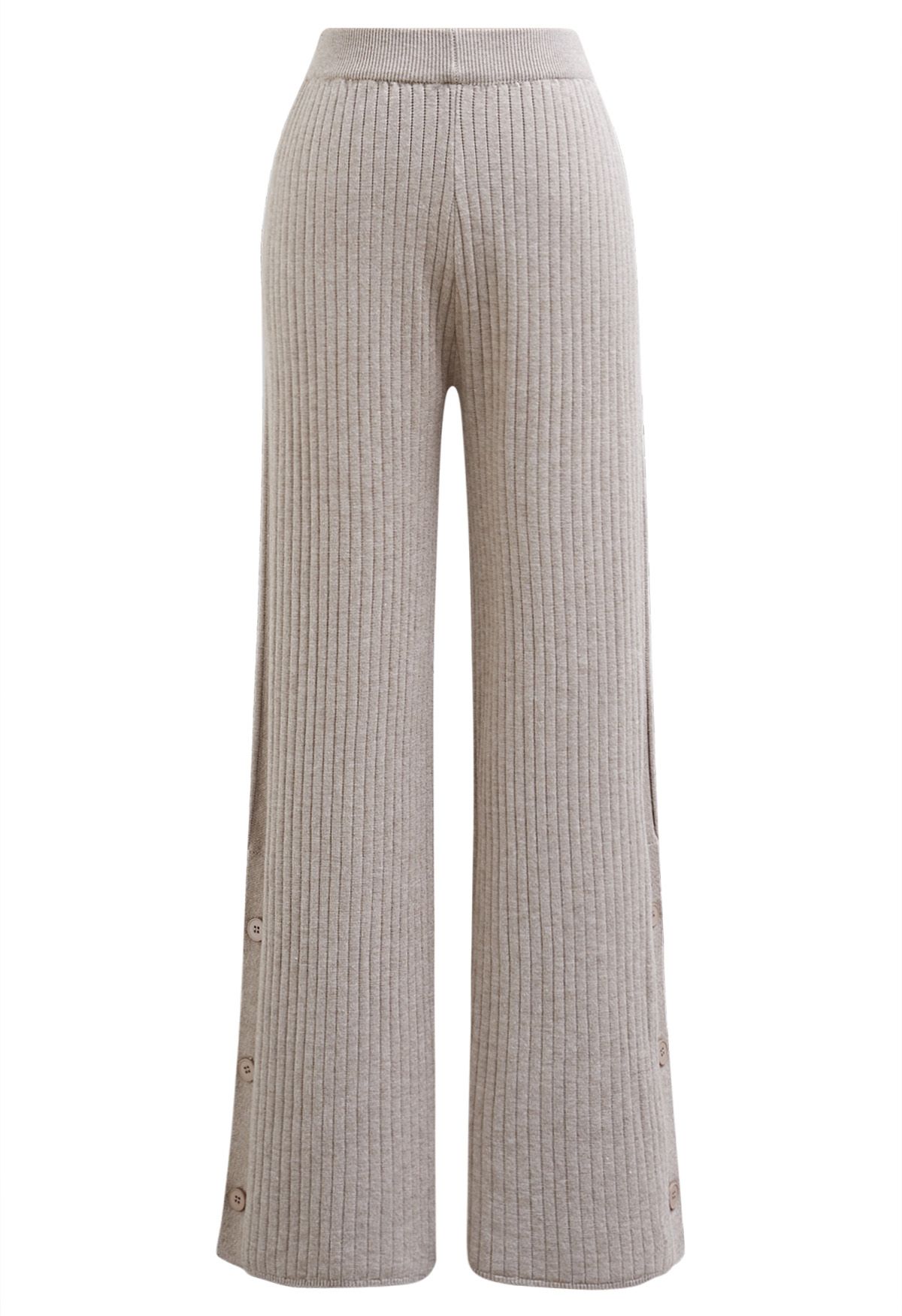 Buttoned Hem Ribbed Knit Pants in Oatmeal