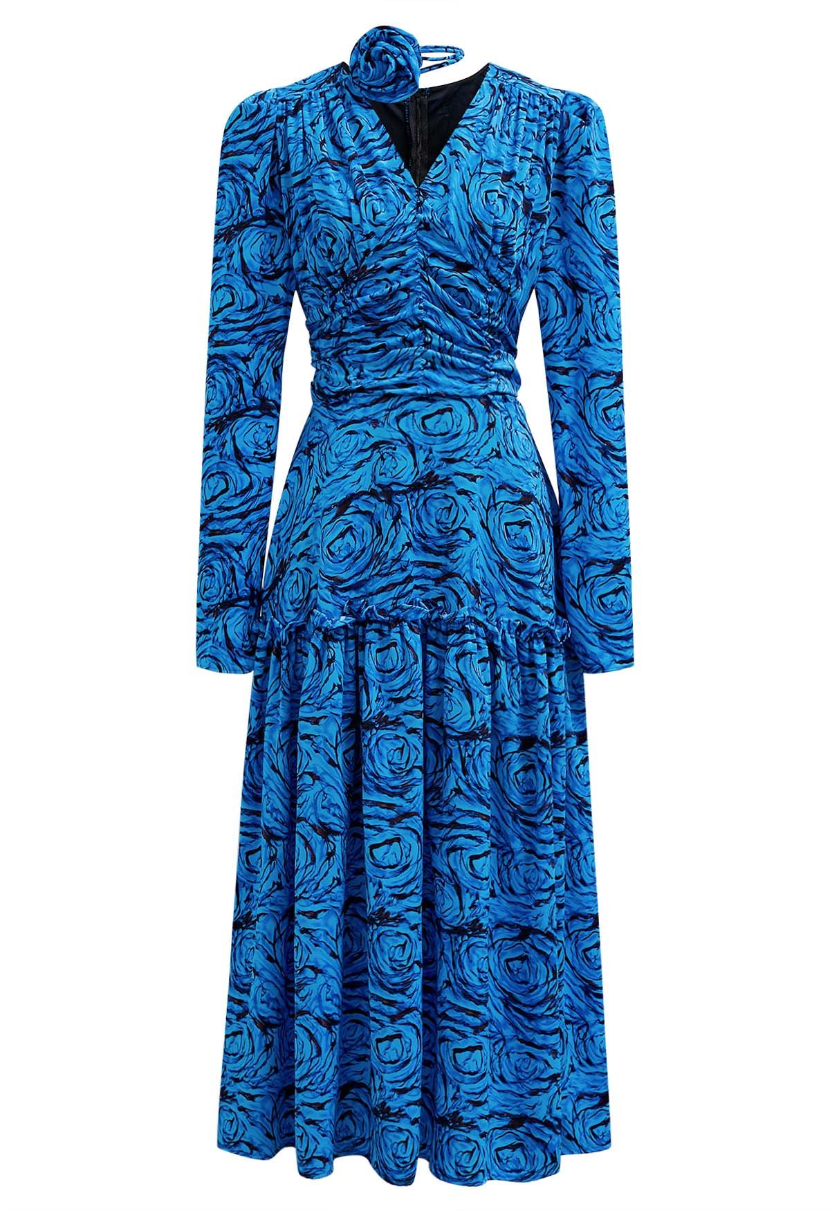 Fantastic Rose V-Neck Ruched Midi Dress with Choker in Blue