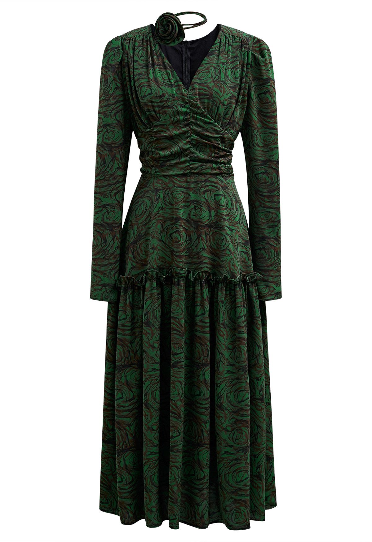 Fantastic Rose V-Neck Ruched Midi Dress with Choker in Dark Green