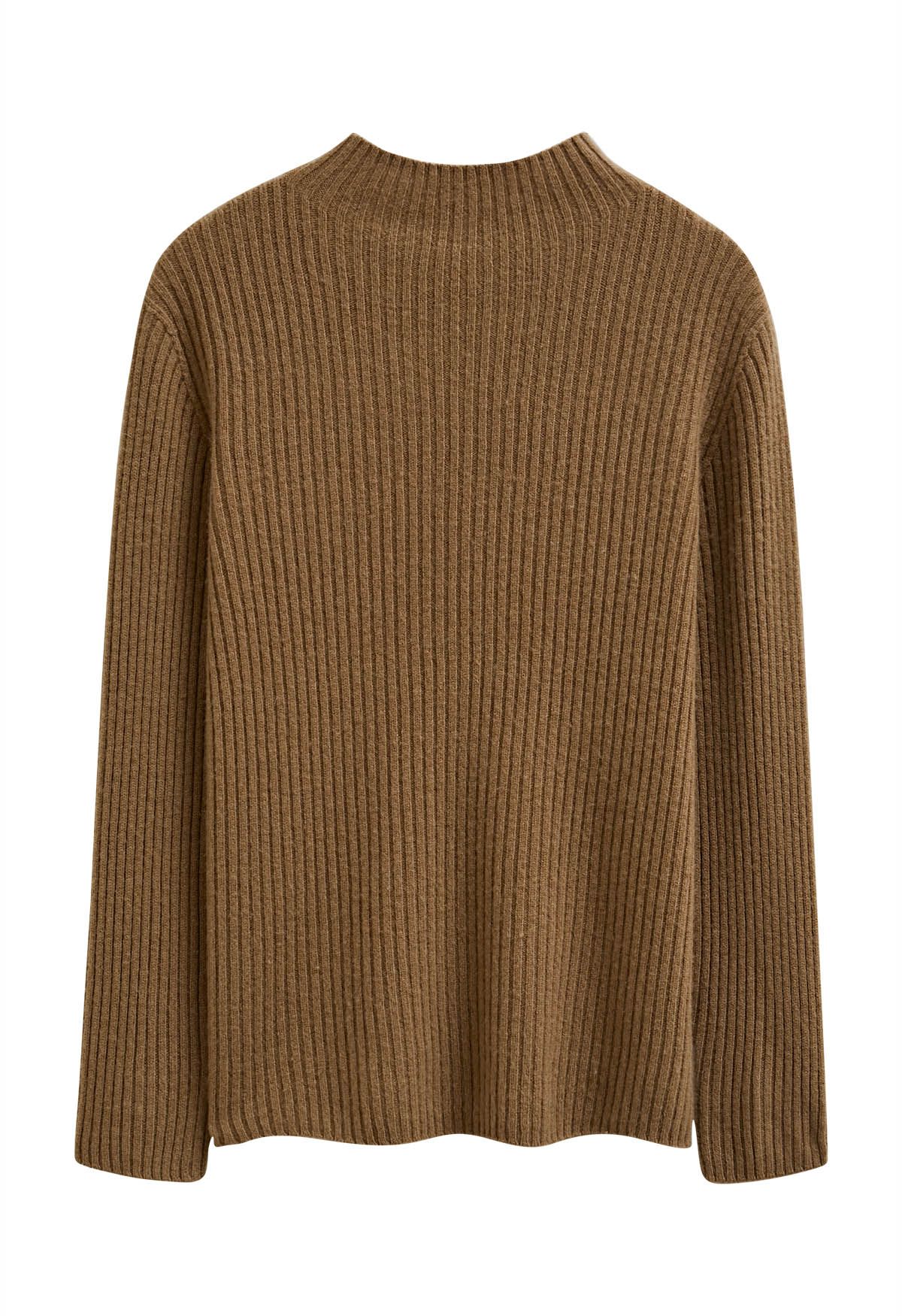 Elemental Mock Neck Long-Sleeve Wool Sweater in Brown