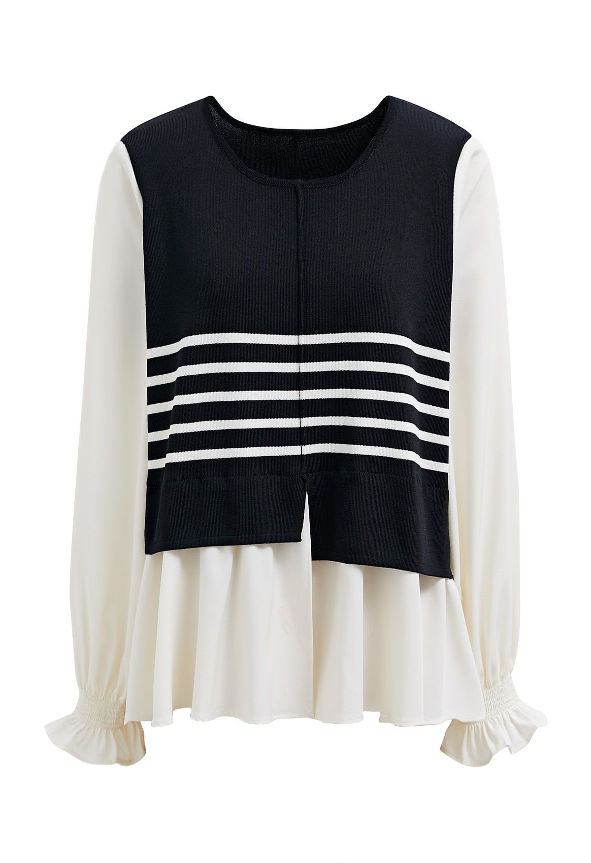 Chic Striped Knit Spliced Peplum Top in Black