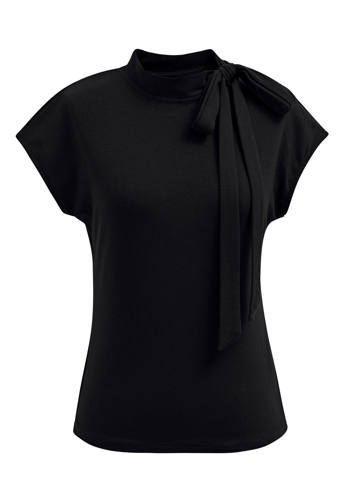 Bow-Tie Embellished Cap Sleeve Top in Black