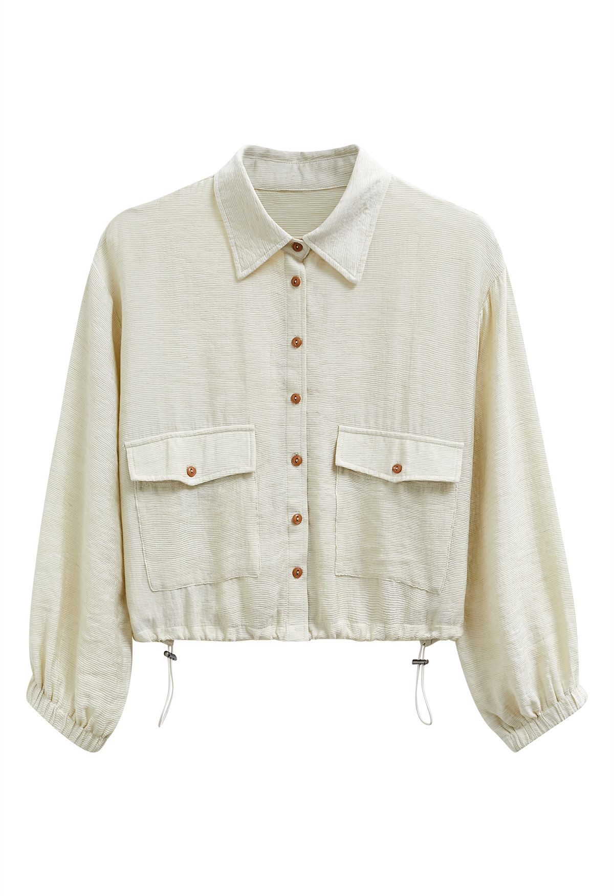 Collared Button Down Drawstring Shirt in Ivory