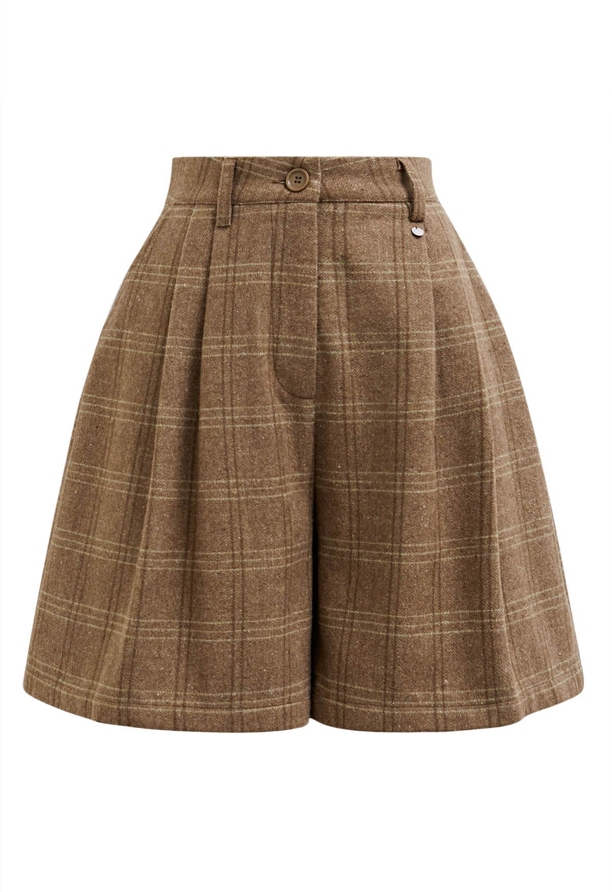 Throwback Plaid Wool-Blend Shorts in Camel