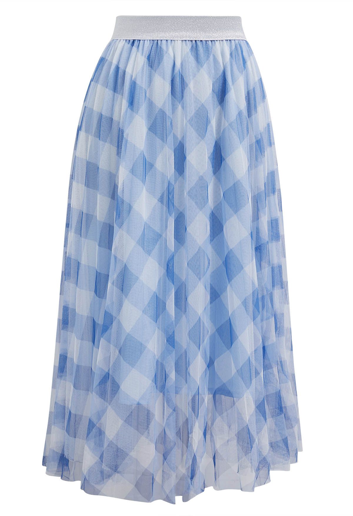 Gingham Print Mesh Tulle Midi Skirt in Blue