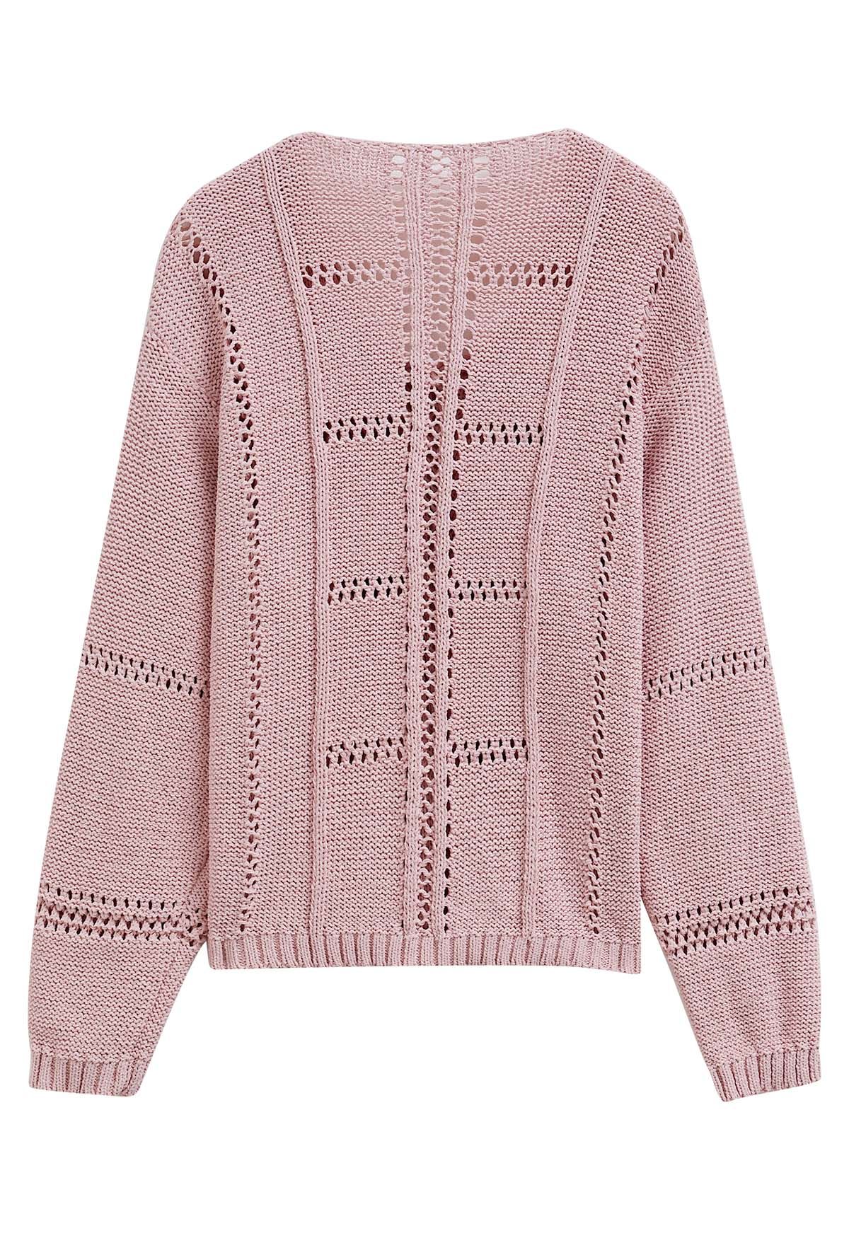 Hollow Out Tie-Neck Knit Top in Pink