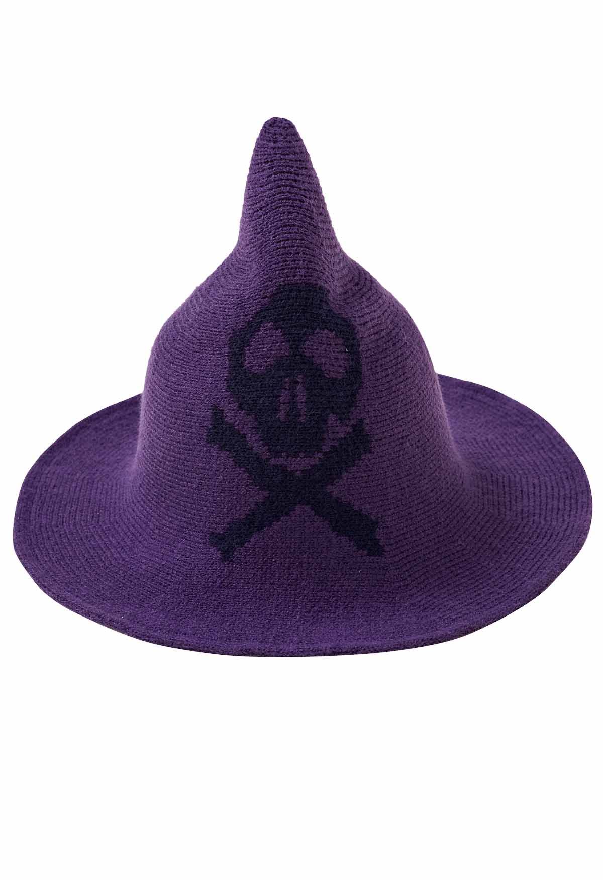 Skull Pattern Wool-Blend Witch Hat in Purple