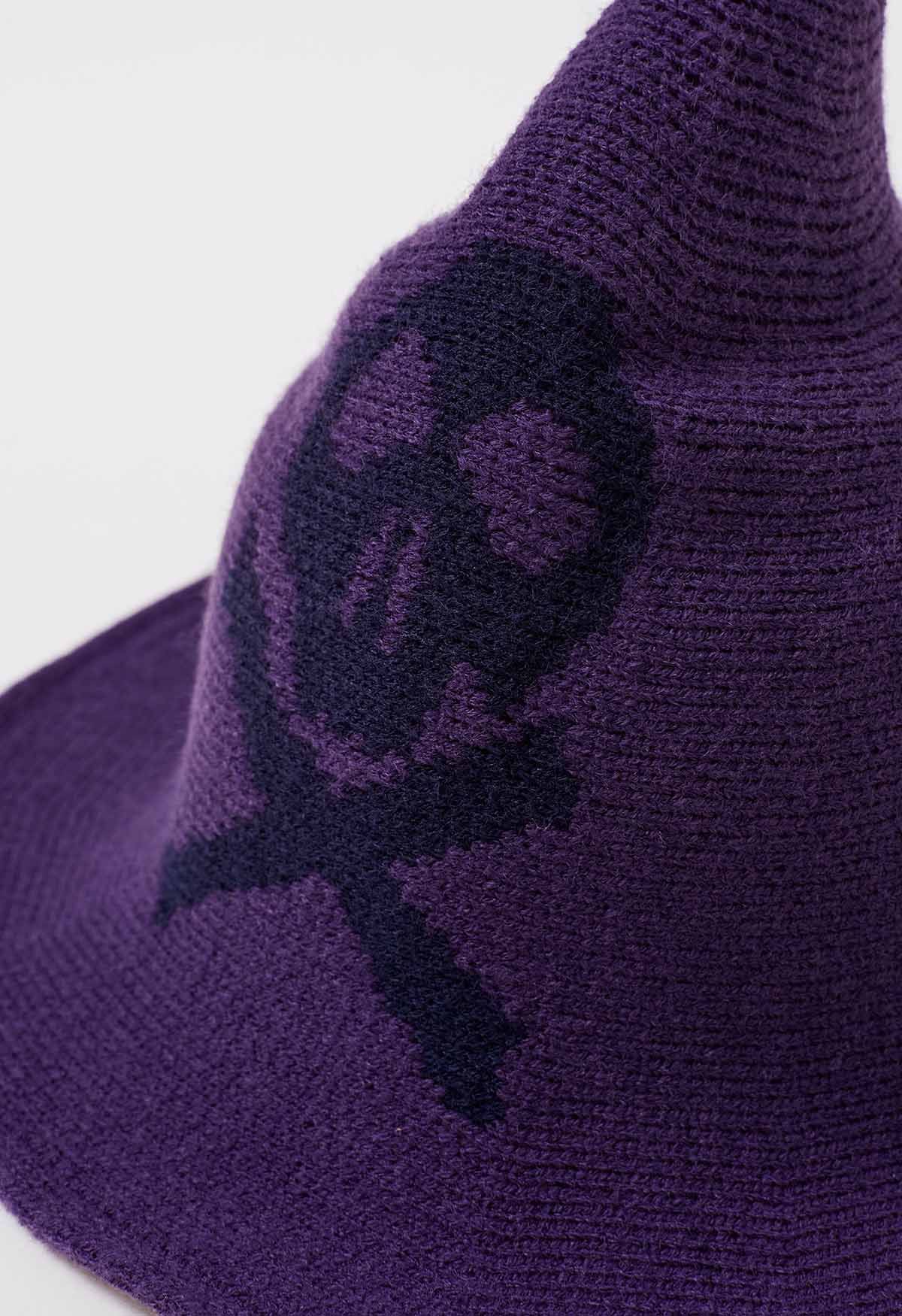 Skull Pattern Wool-Blend Witch Hat in Purple